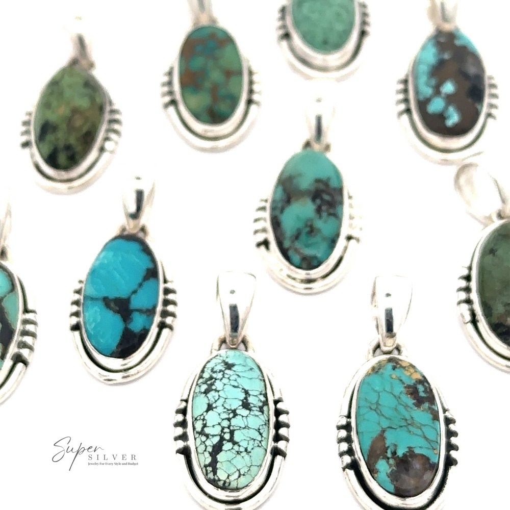 
                  
                    A collection of Natural Turquoise Elongated Oval Pendant with .925 Sterling Silver settings. Various shades of blue and green stones with different patterns are displayed on a white background, showcasing the beauty of natural turquoise.
                  
                