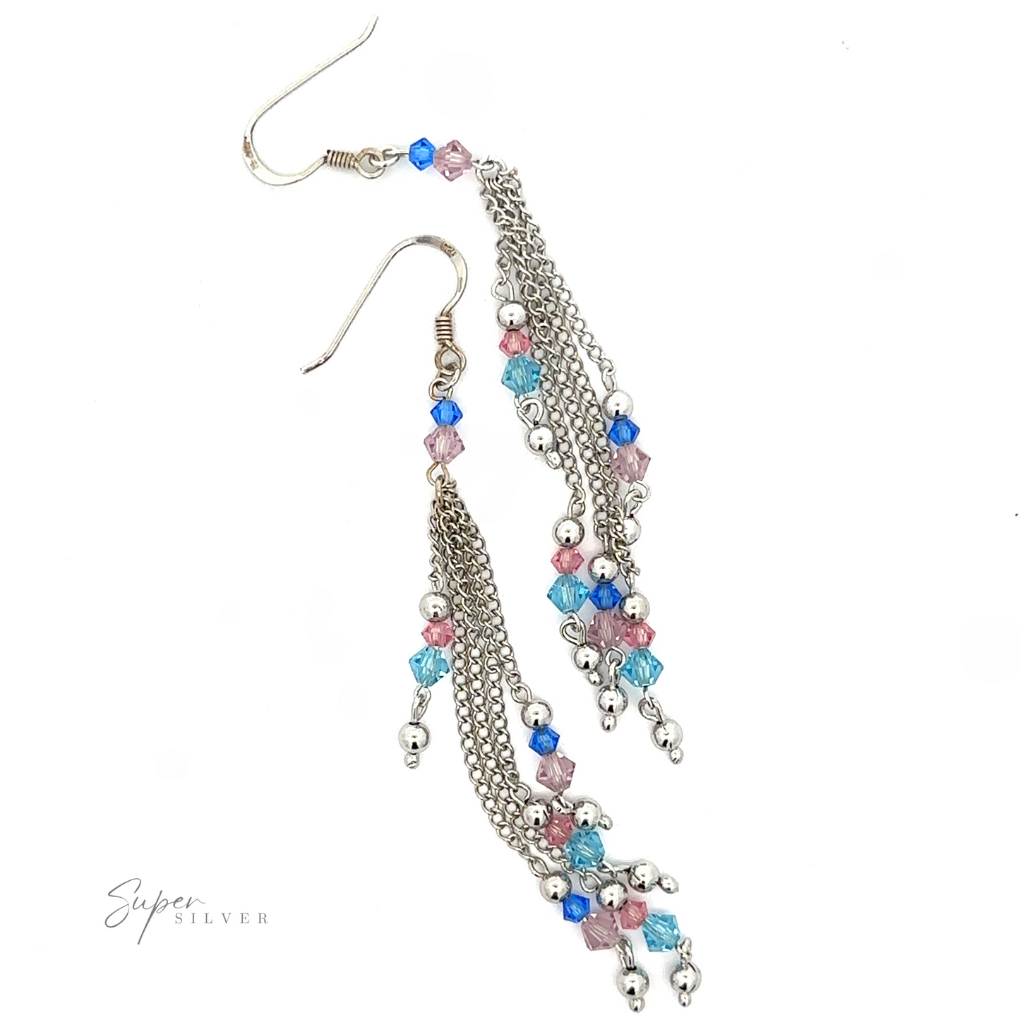 
                  
                    A pair of Layered Earrings with Multicolored Beads adorned with pink, blue, and silver multicolored beads on sterling silver chains. The earrings have hooks for piercing.
                  
                