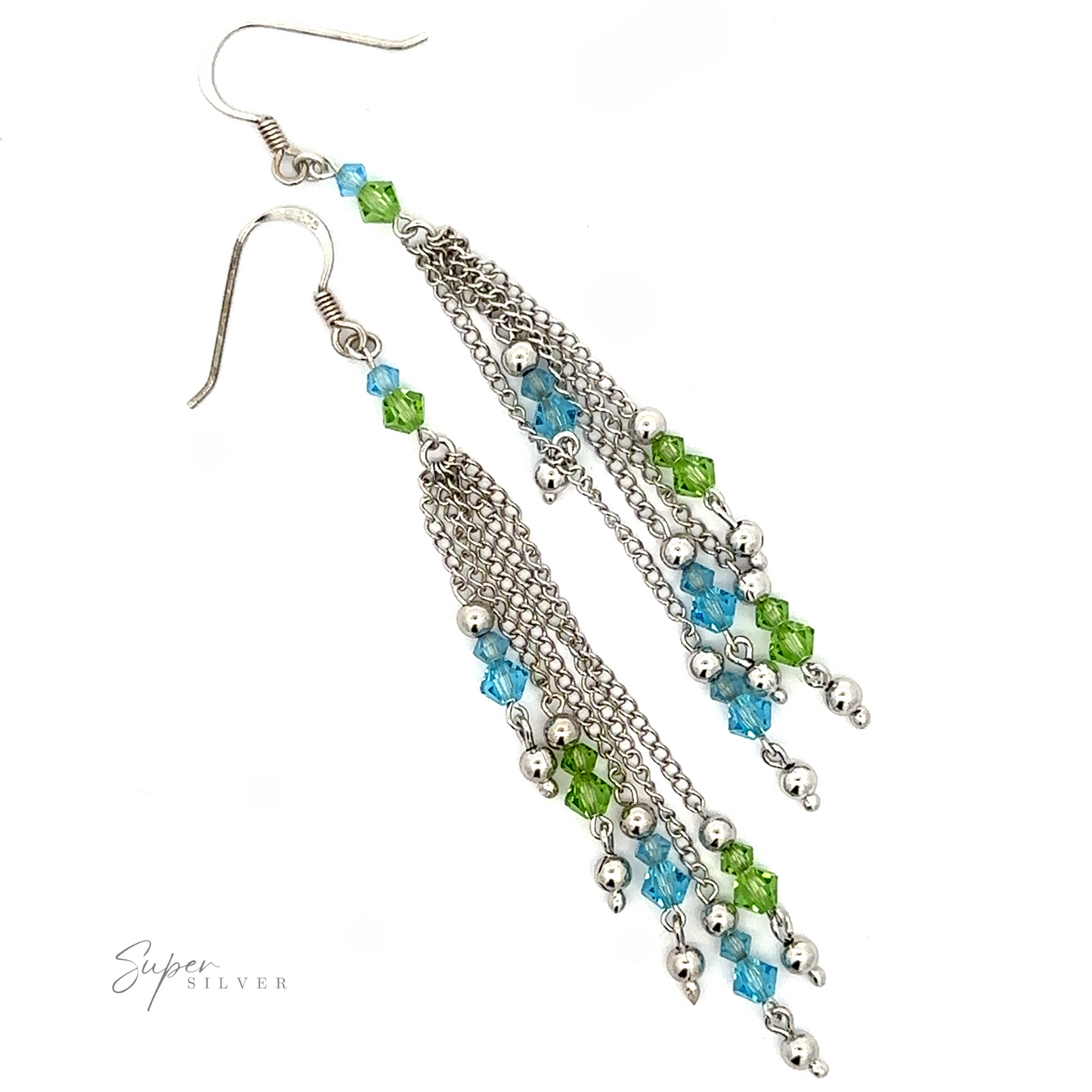
                  
                    A pair of Layered Earrings with Multicolored Beads with blue, green, and clear crystal beads and multiple chains on a white background. The "Super Silver" logo is in the bottom left corner.
                  
                