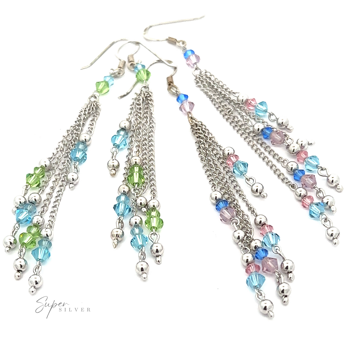A set of elegant, rhodium-plated Layered Earrings with Multicolored Beads featuring clusters of blue, green, pink, and purple multicolored beads hanging from them, displayed against a pristine white background.