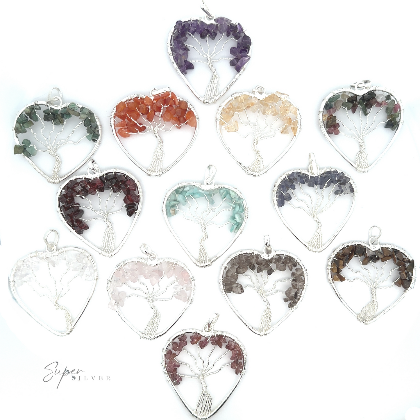 A collection of twelve Heart Shaped Tree of Life Pendants, each adorned with raw stone beads in different captivating colors.