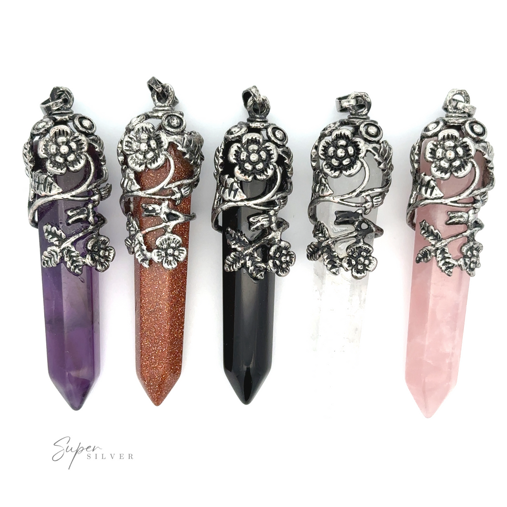 Five Silver-Plated Flower Design Stone Pendants featuring obelisk-shaped stones in various colors and ornate designs with floral and vine motifs.
