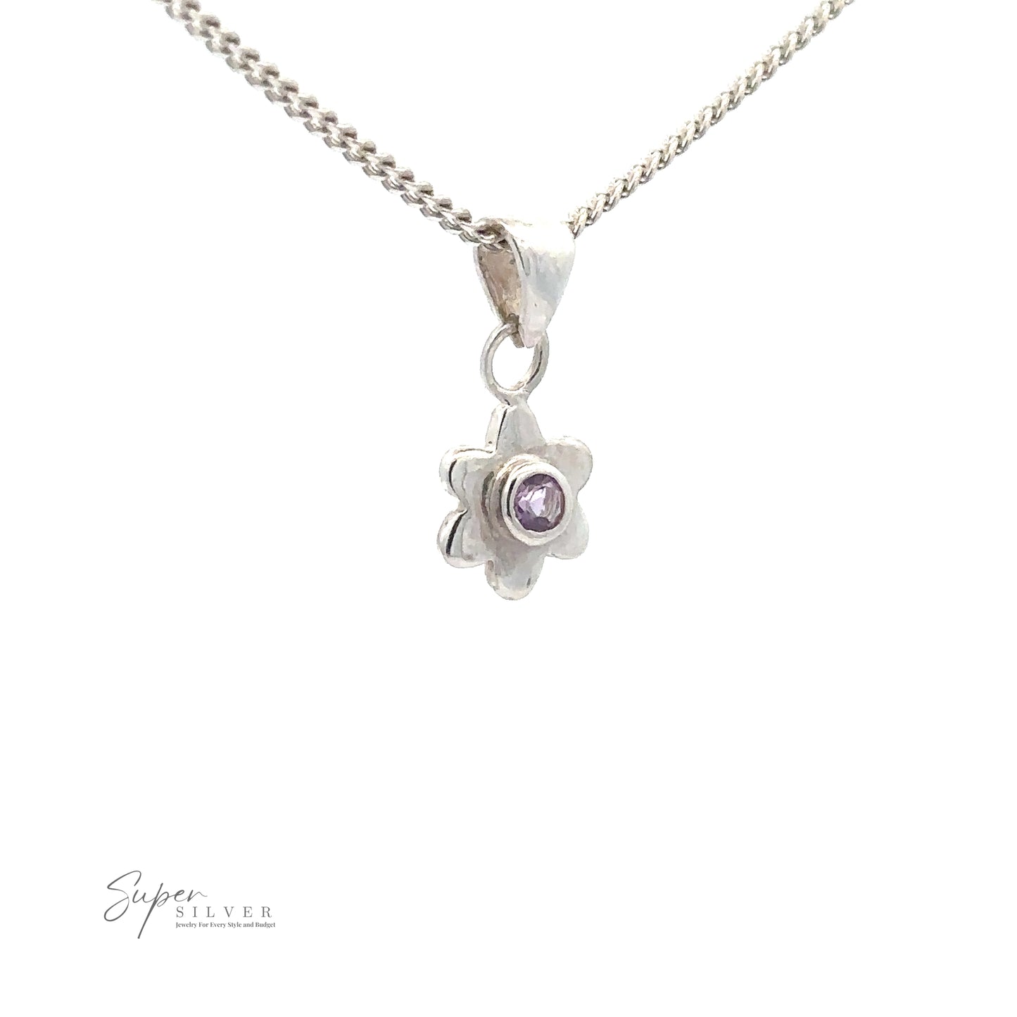 Tiny Gemstone Flower Pendant: Sterling silver necklace with a flower-shaped pendant featuring a small purple gemstone in the center. "Super Silver" logo visible in the bottom left corner.