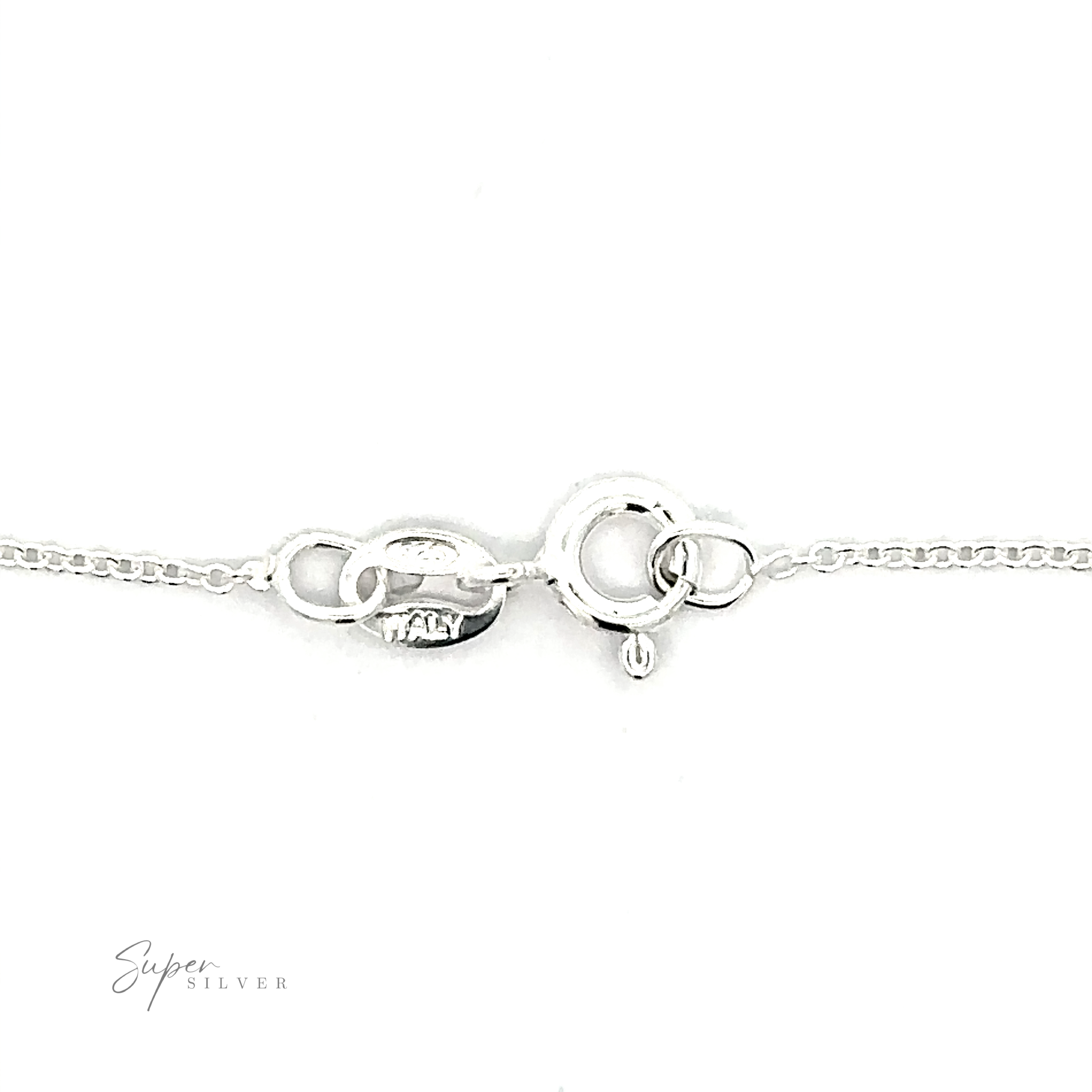 A close-up image of the Dainty Cable Chain clasp featuring an interlocking ring and hook mechanism, set against a plain white background. The text ".925 Sterling Silver" is displayed in the bottom left corner.