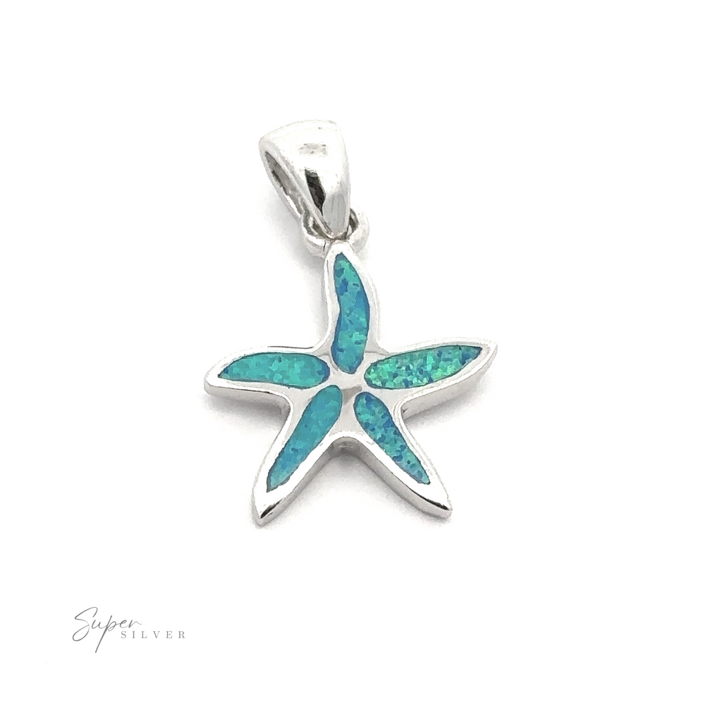 
                  
                    A Lab-Created Opal Sea Star Pendant with a stunning blue-green inlay on a white background. The text "Super Silver" is visible in the bottom left corner, accentuating the pendant's brilliance.
                  
                