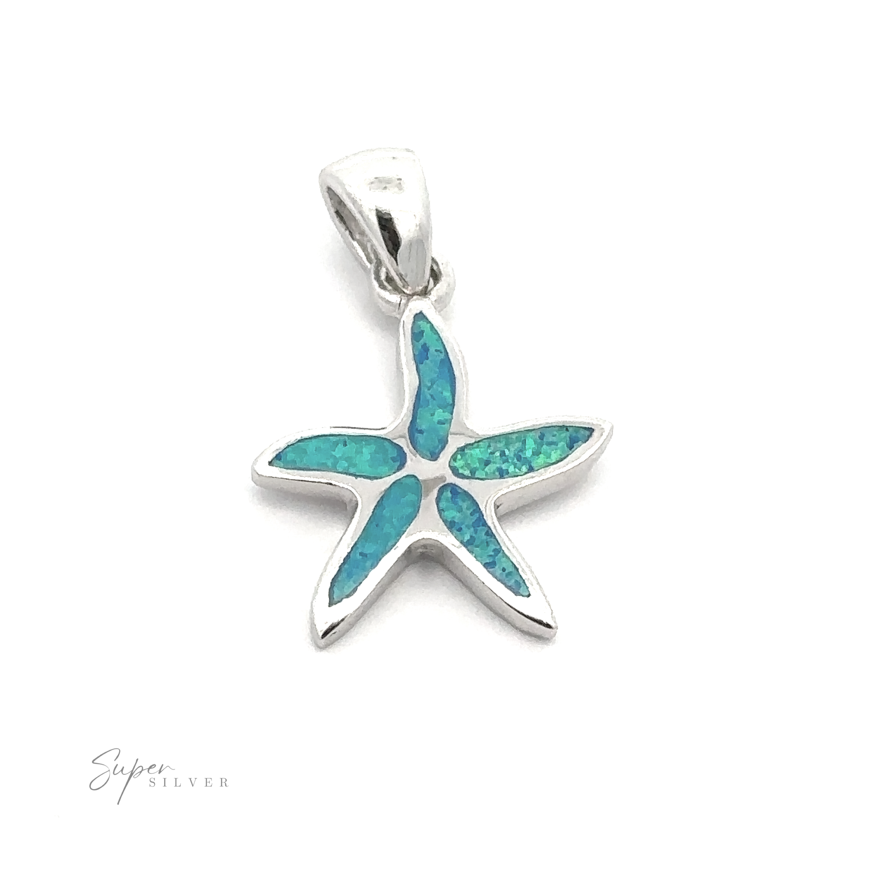 A Lab-Created Opal Sea Star Pendant with a stunning blue-green inlay on a white background. The text "Super Silver" is visible in the bottom left corner, accentuating the pendant's brilliance.