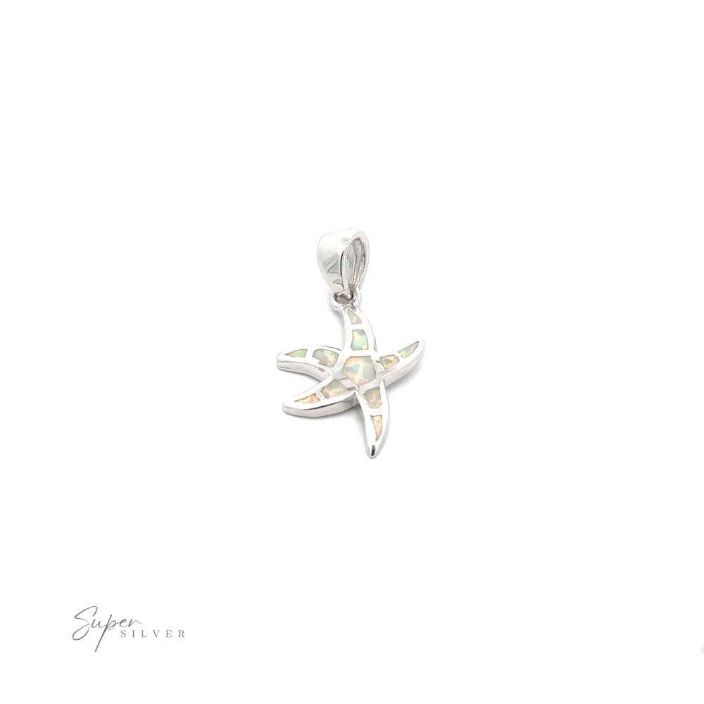 
                  
                    Lab-Created Opal Sea Star Pendant featuring a shimmering silver sea star with a lab-created opal inlay, set on a white background and marked with the "Super Silver" brand in the bottom left corner.
                  
                