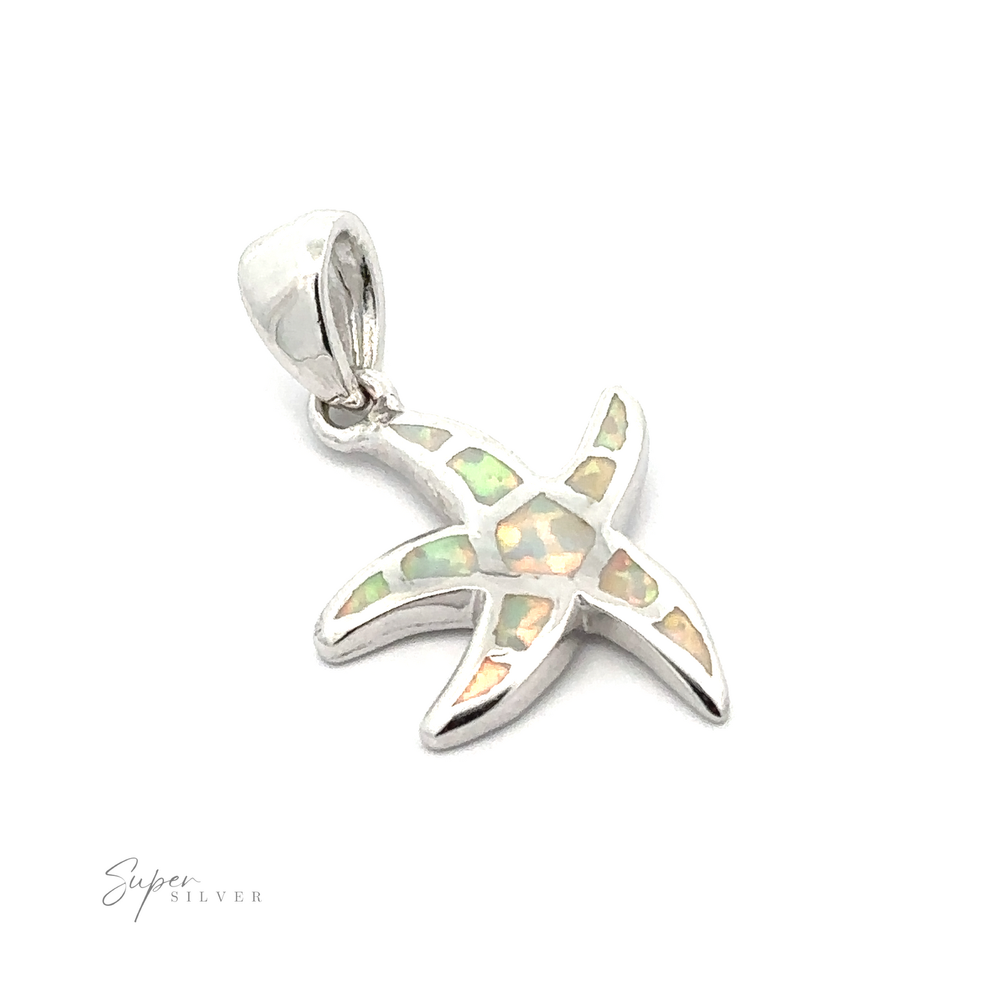 
                  
                    Lab-Created Opal Sea Star Pendant with iridescent lab-created opal inlay, featuring a small loop for attaching to a chain.
                  
                