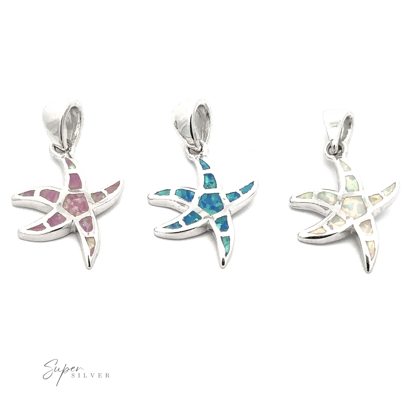 
                  
                    Three Lab-Created Opal Sea Star Pendants, each featuring a different colored inlay—pink, blue, and iridescent white—capture the essence of oceanic magic. Displayed on a pristine white background, the lab-created opal inlays shimmer with captivating beauty.
                  
                