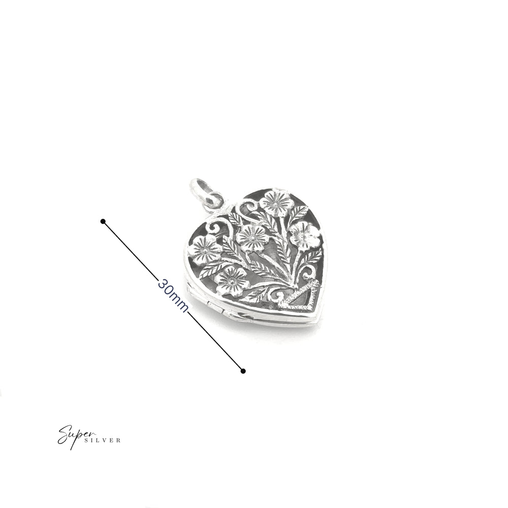 
                  
                    The Floral Heart Shaped Locket is a stunning sterling silver piece featuring intricate floral engravings, measuring 30mm.
                  
                