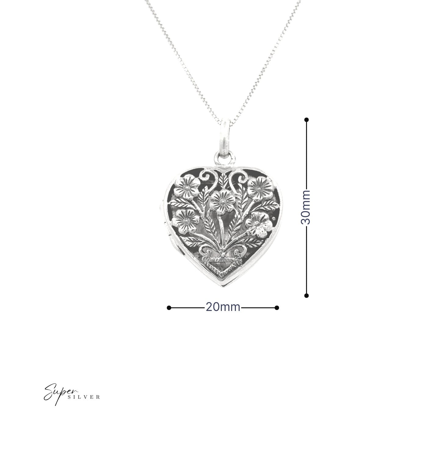 
                  
                    The Floral Heart Shaped Locket, made of sterling silver, features a delicate floral chain design and measures 30mm in height by 20mm in width, making it a charming keepsake.
                  
                