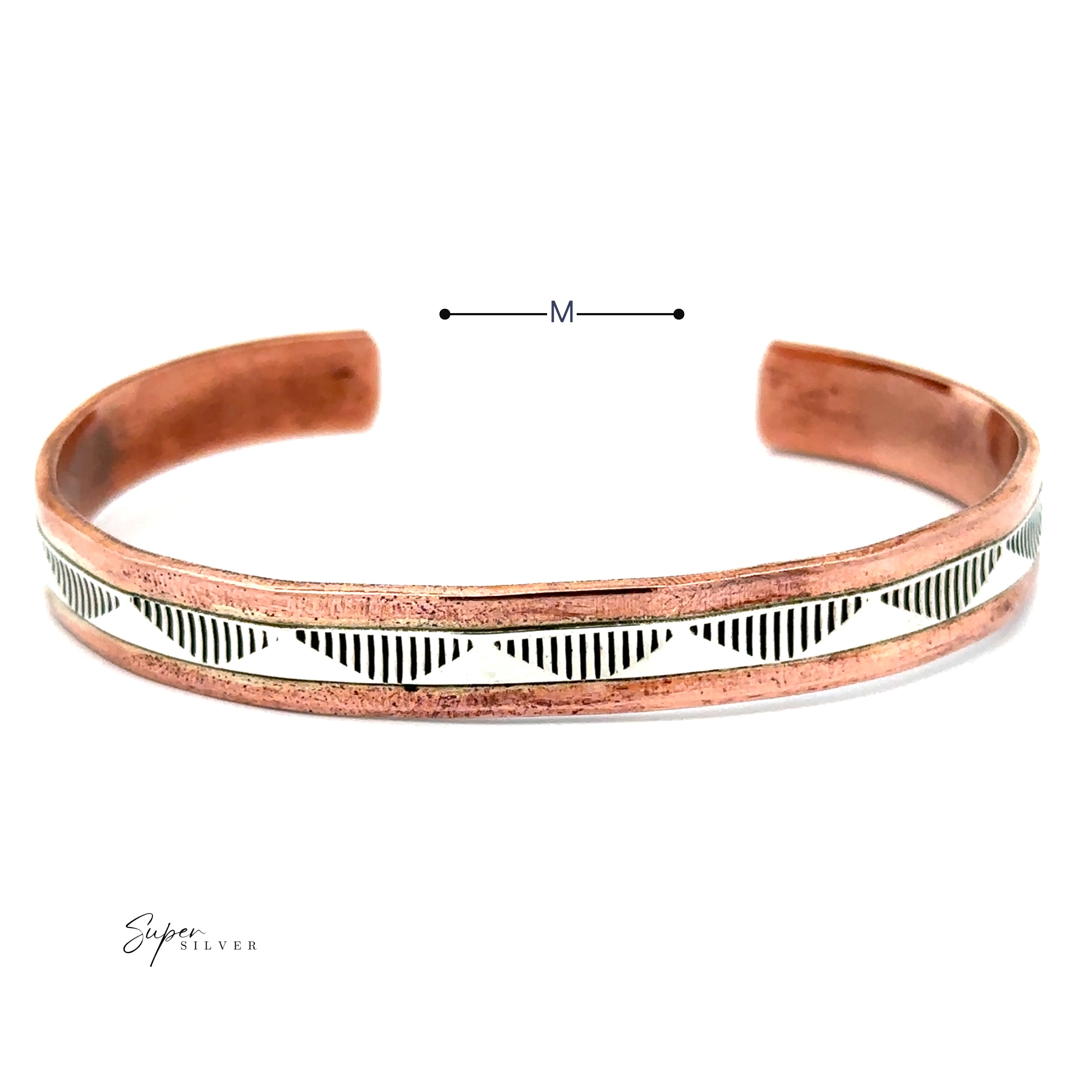 Explore the distinct allure of this Native American Handmade Copper And Silver Bracelet, featuring a bold geometric pattern and highlighting Randy Secatero's craftsmanship.