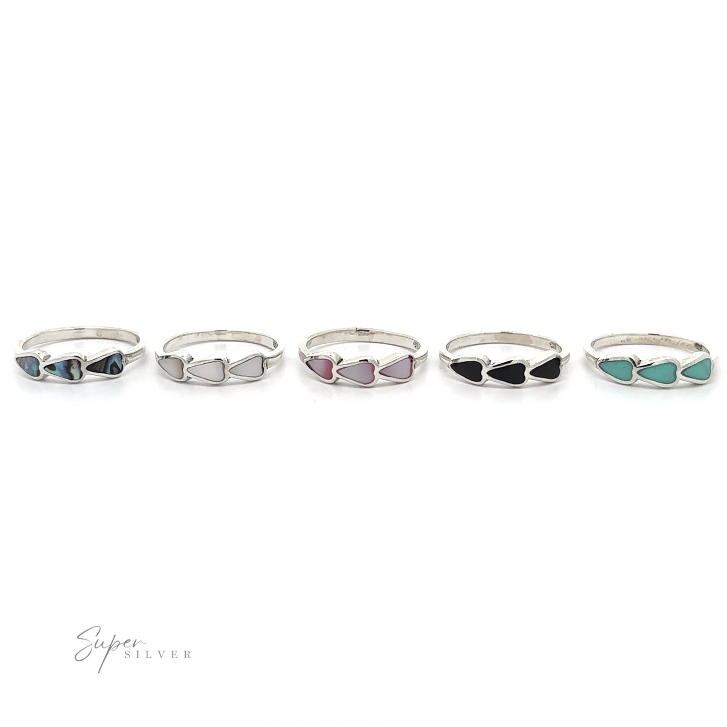 
                  
                    A set of five Triple Heart Rings with Inlaid Stones in different colors.
                  
                