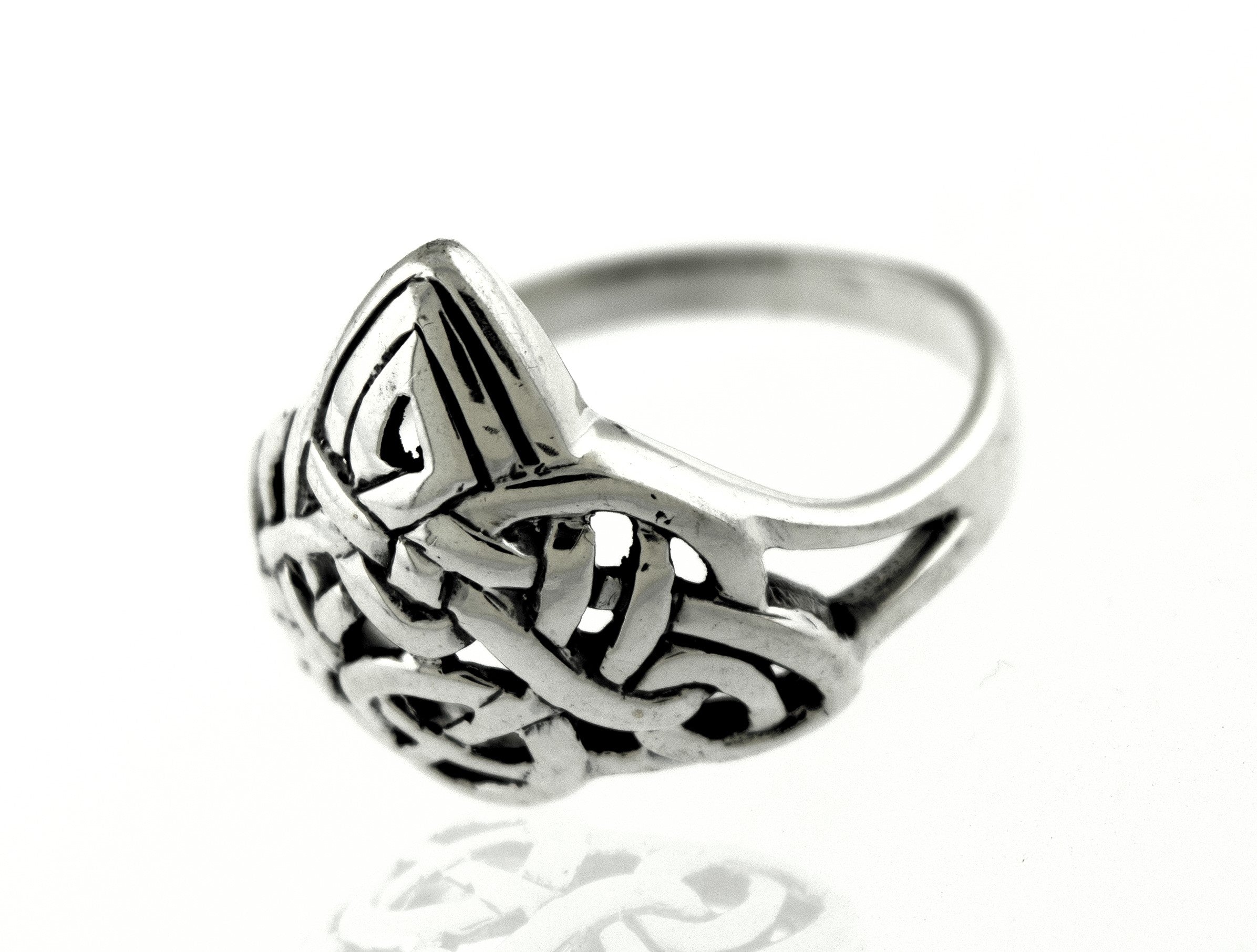 A sterling silver Celtic Triangle Ring with a Celtic knot design.