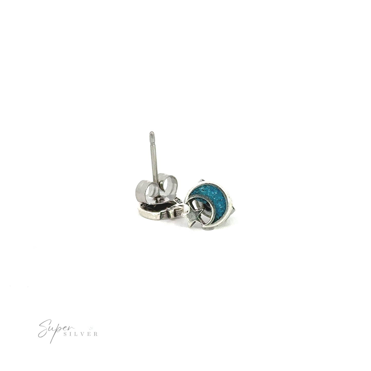 A pair of Moon and Star Turquoise Studs on a white background.