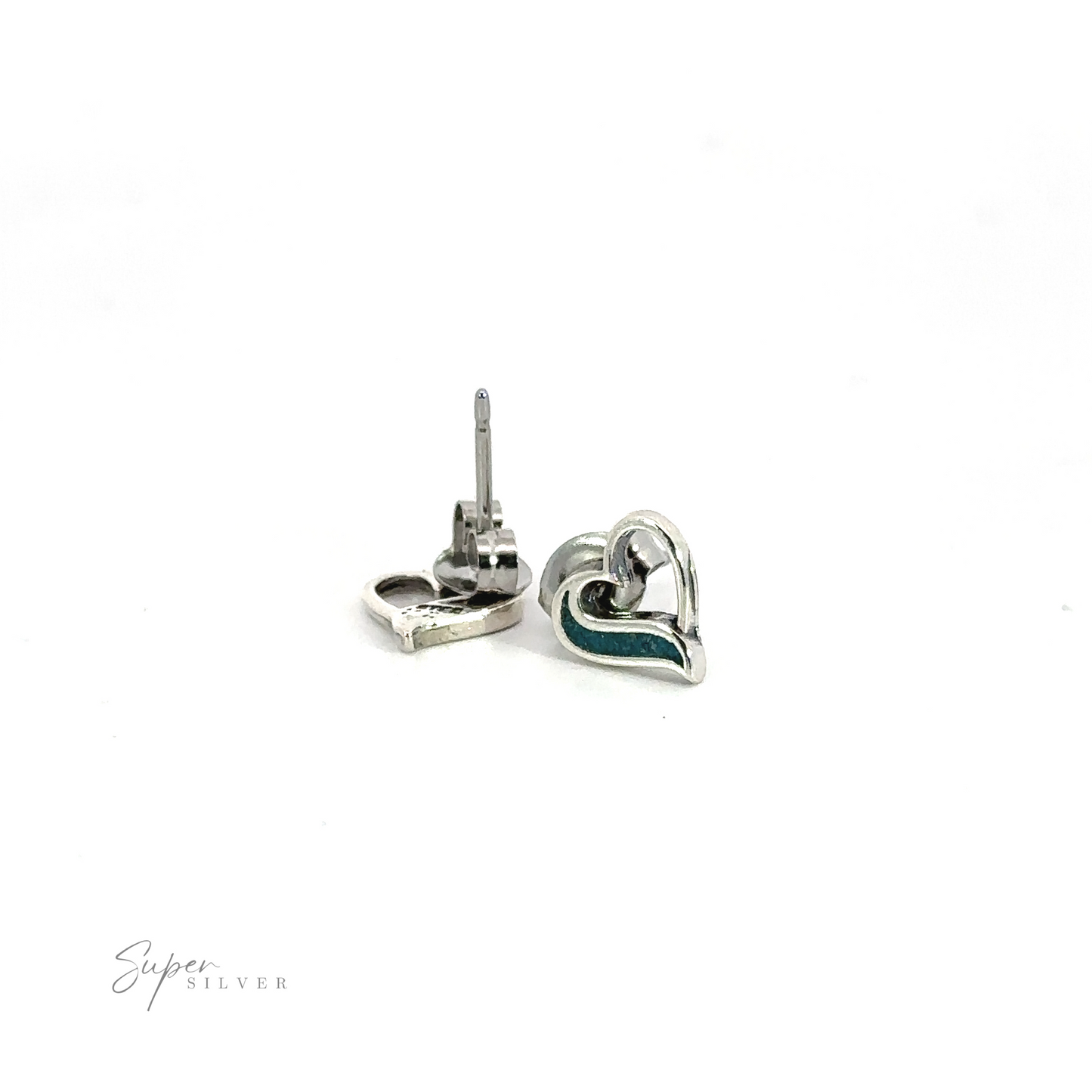 Turquoise Heart Outline Studs, made of .925 Sterling Silver, with turquoise accents on a white background.