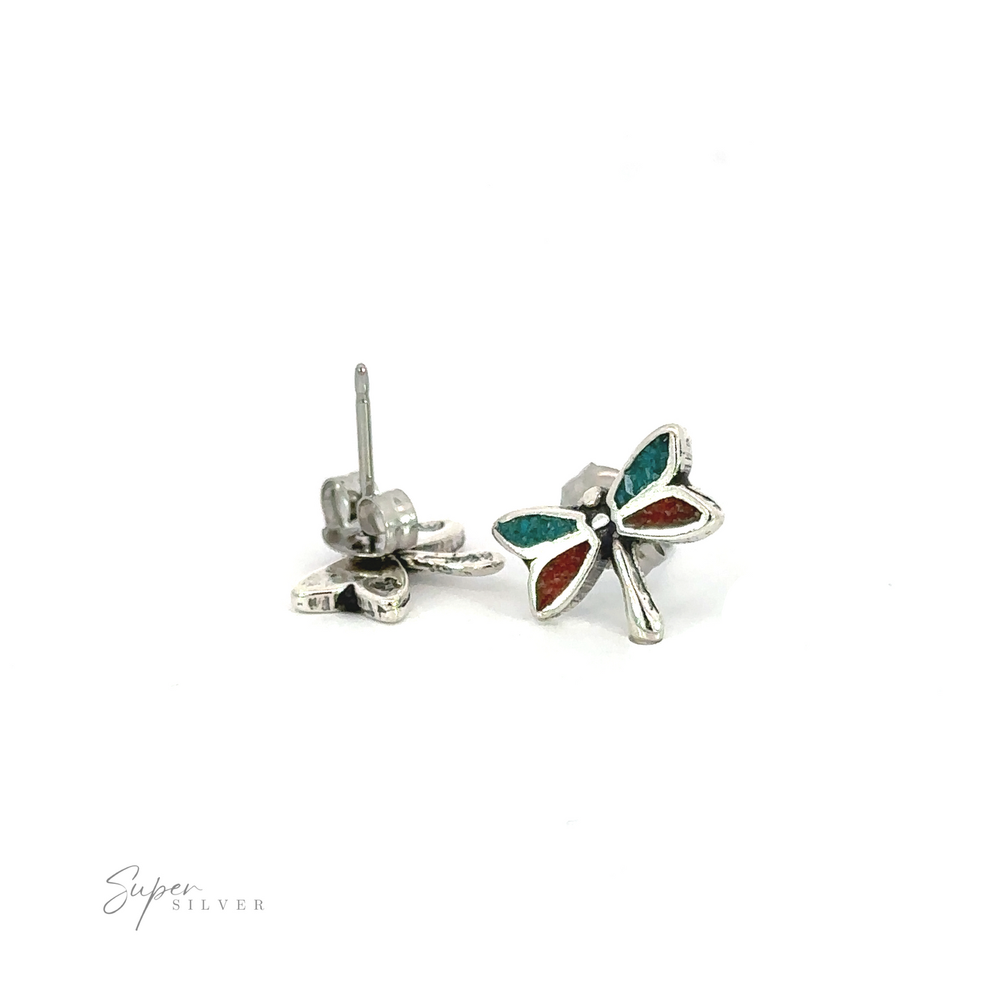 Adorable Dragonfly Coral and Turquoise Studs with coral and turquoise accents on a white background.