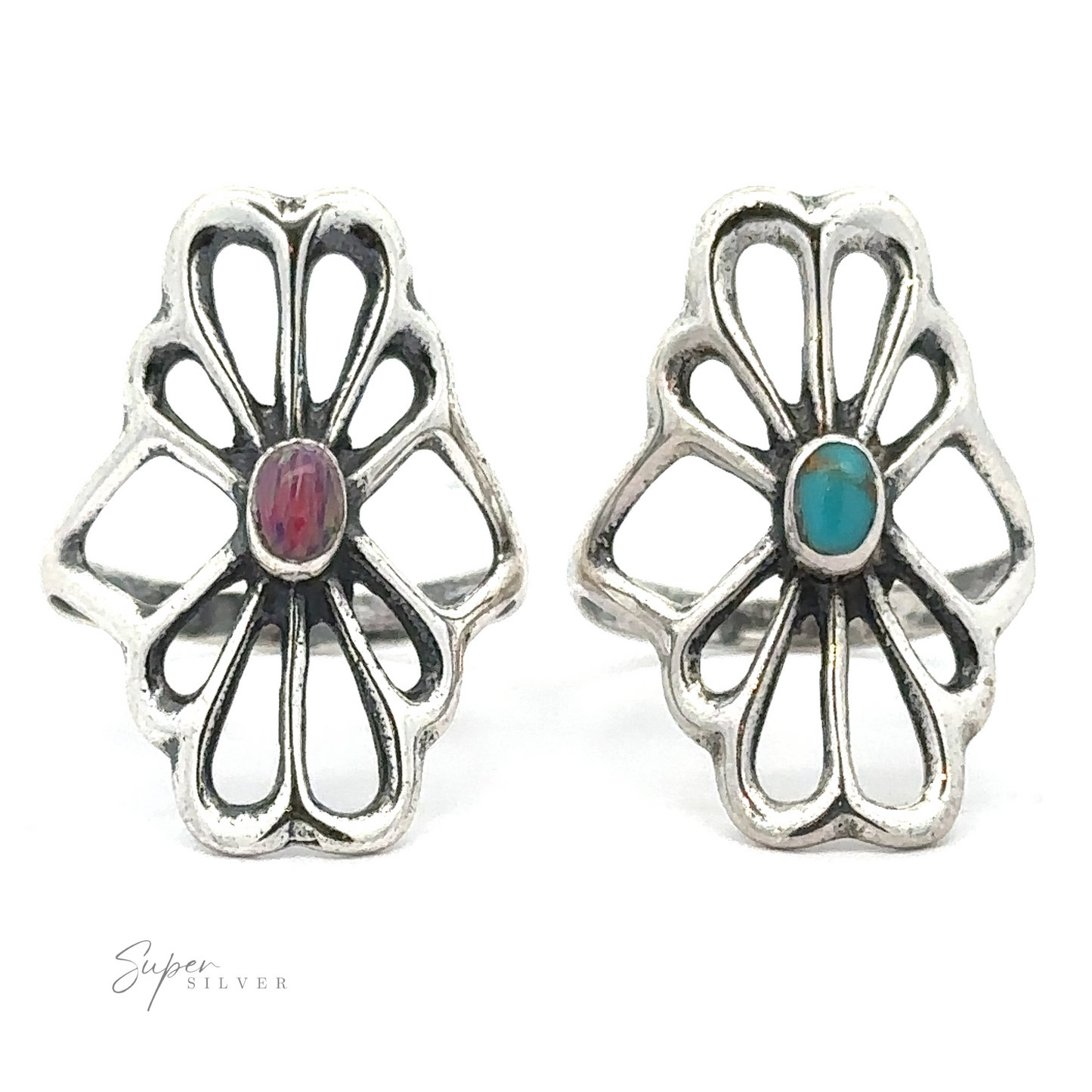 
                  
                    Two American Made Flower Rings each feature ornate floral patterns with a central oval gemstone, one purple and the other turquoise. Handcrafted in America, they proudly display the "Super Silver" logo in the lower left corner.
                  
                