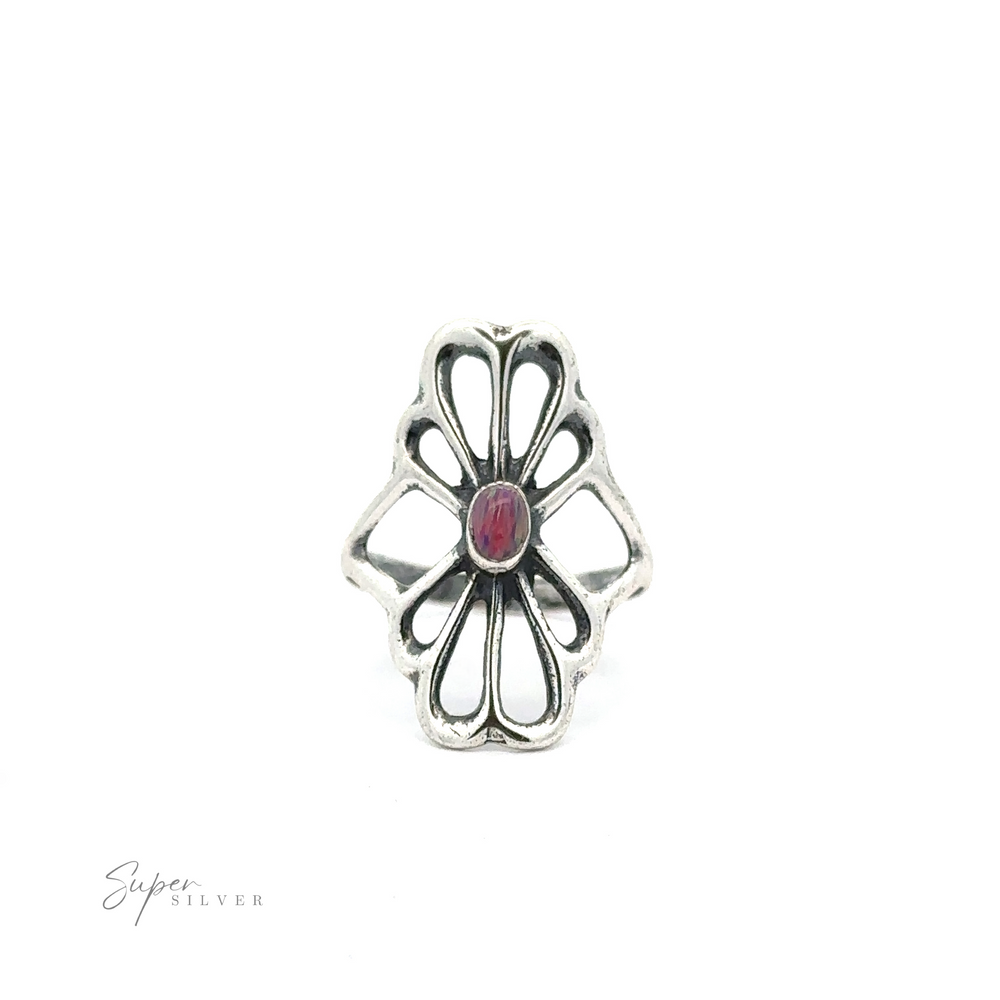 
                  
                    American Made Flower Ring with an openwork floral design and an oval-shaped red gemstone in the center, handcrafted in America, displayed against a white background. "Super Silver" text is visible in the bottom left corner.
                  
                