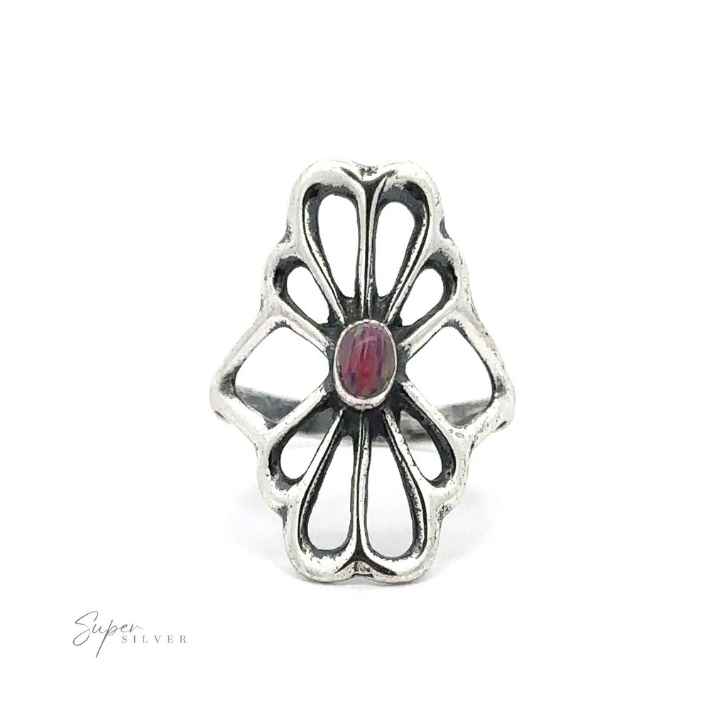 
                  
                    Silver ring with a sterling silver flower design featuring a small red stone in the center. The text "American Made Flower Ring" is visible in the bottom-left corner. This finely crafted piece, reminiscent of a raspberry opal ring, is handcrafted in America.
                  
                