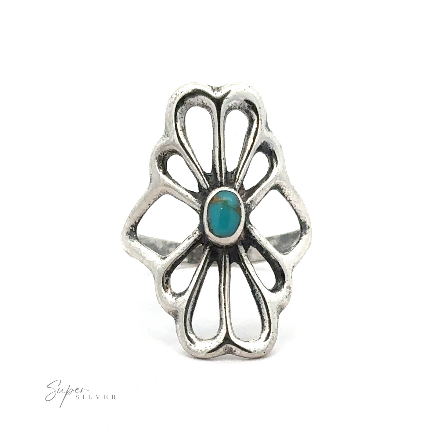 
                  
                    A sterling silver flower design ring featuring an ornate floral pattern with an oval turquoise stone in the center. Handcrafted in America, the brand name "American Made Flower Ring" is visible in the bottom left corner.
                  
                