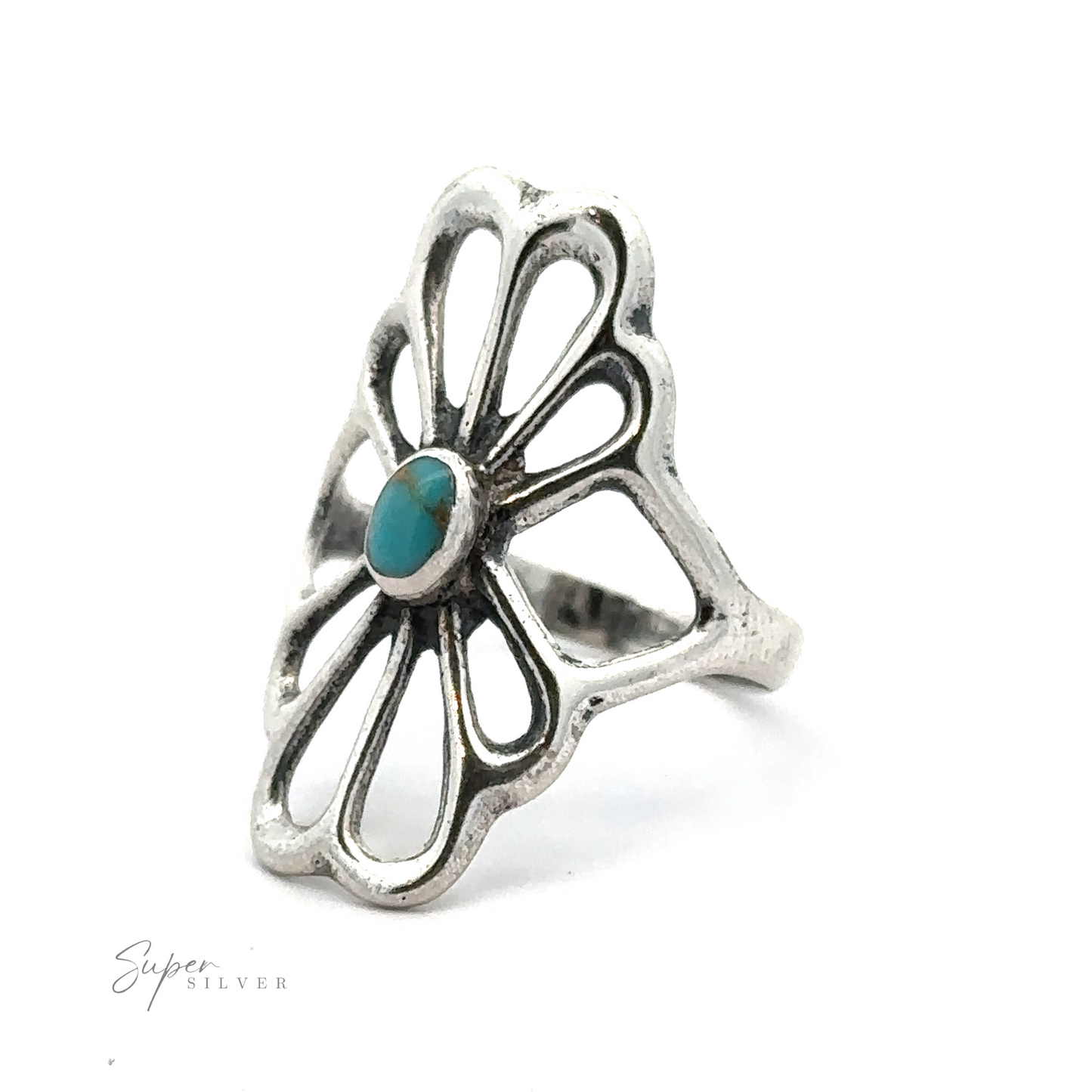 
                  
                    A sterling silver flower design ring with an openwork floral pattern and a small turquoise stone at the center, featuring the text "American Made Flower Ring" on the lower left corner. Handcrafted in America.
                  
                
