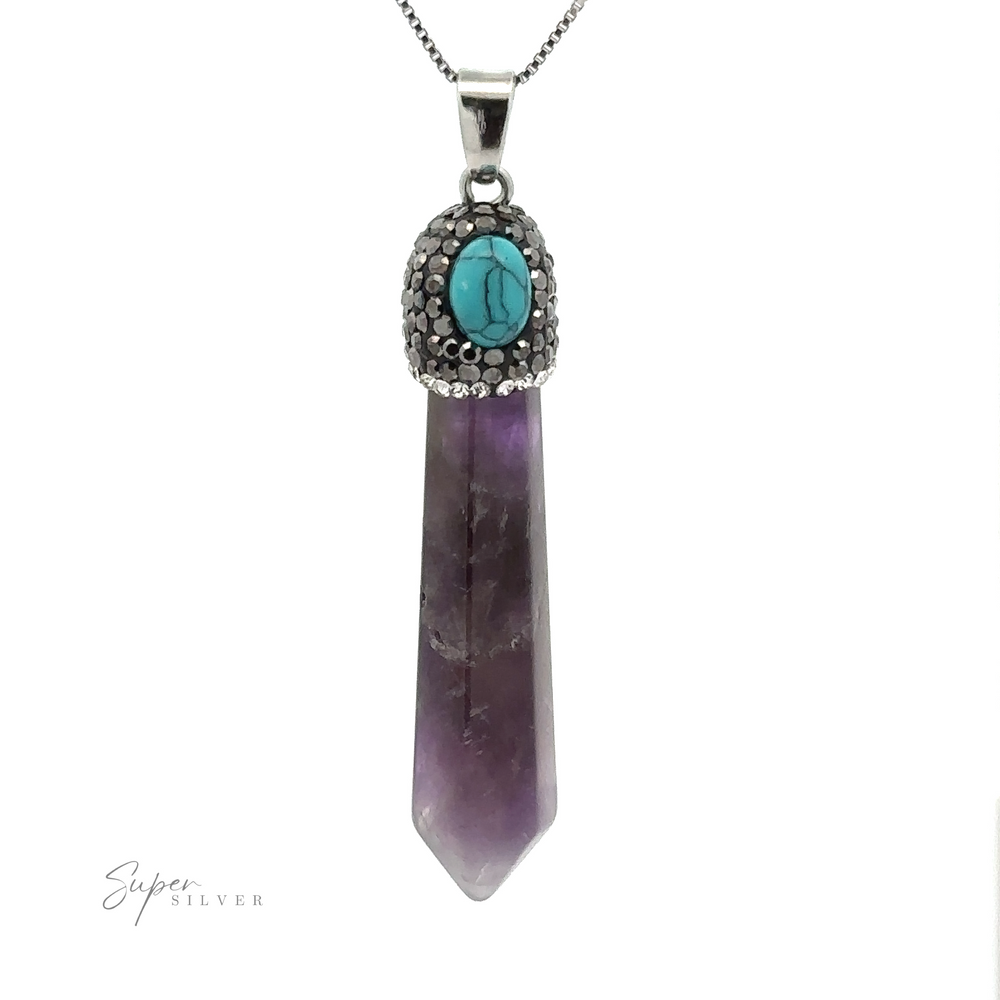 
                  
                    Introducing the Stone Obelisk Pendant: a polished purple stone with a faceted tip, encased in a silver mount adorned with a turquoise stone on top. This exquisite piece hangs gracefully from a silver chain accented with hematite beads for added elegance.
                  
                