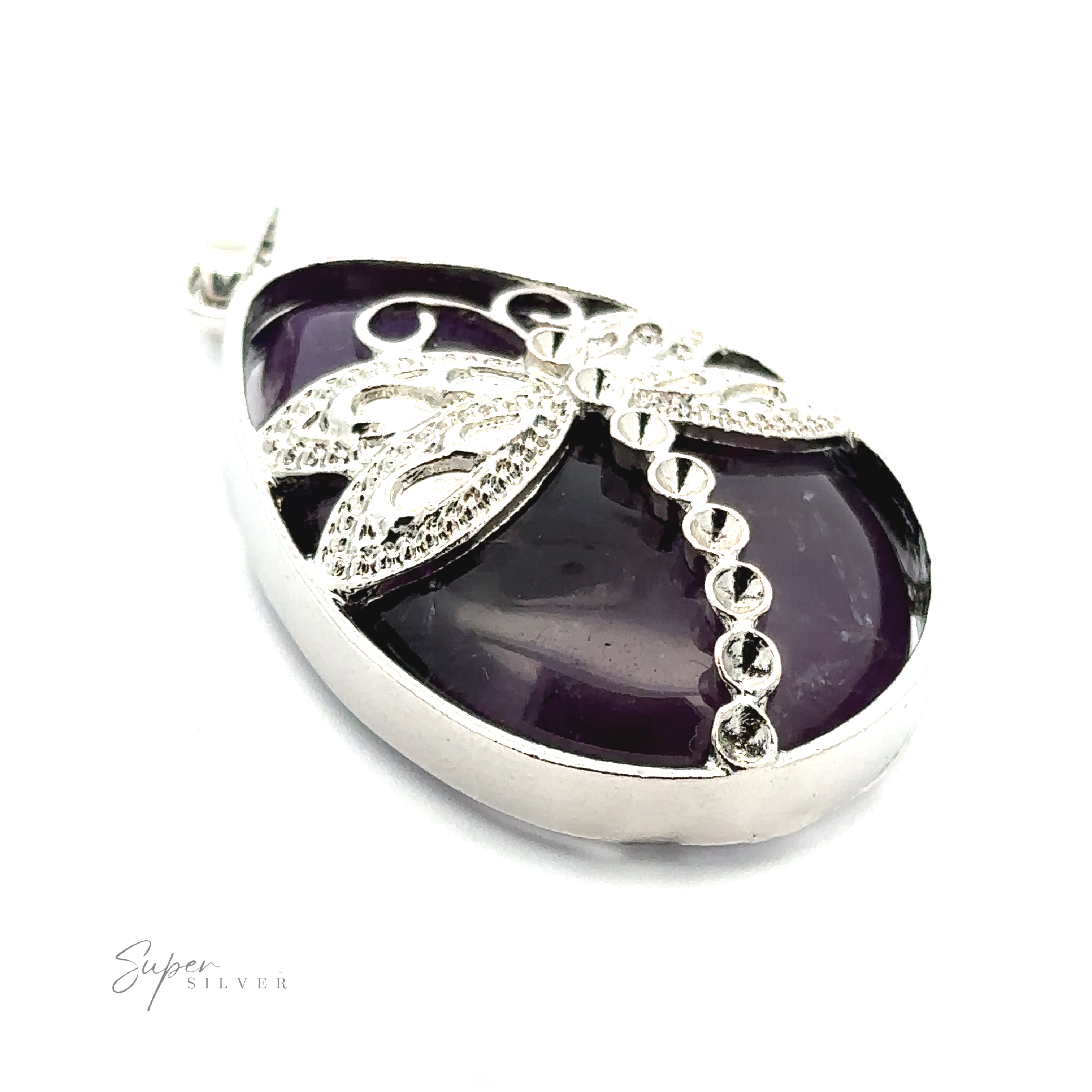 Close-up of a Teardrop Stone pendant with Dragonfly featuring a teardrop-shaped amethyst gemstone with an ornate silver dragonfly design and small clear stones on its wings, set against a plain white background.