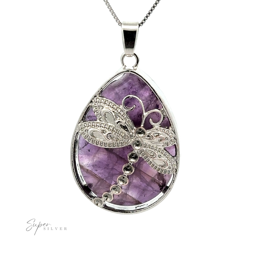 
                  
                    The Teardrop Stone pendant with Dragonfly is set against a teardrop-shaped amethyst stone, on a mixed metals chain.
                  
                
