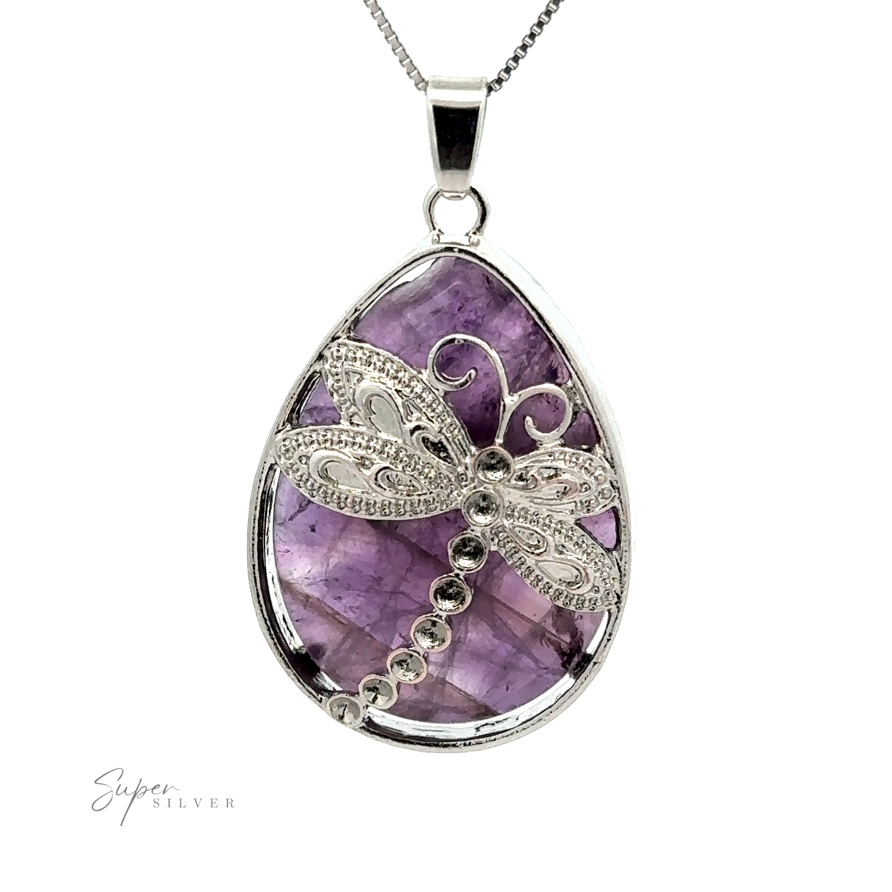 The Teardrop Stone pendant with Dragonfly is set against a teardrop-shaped amethyst stone, on a mixed metals chain.