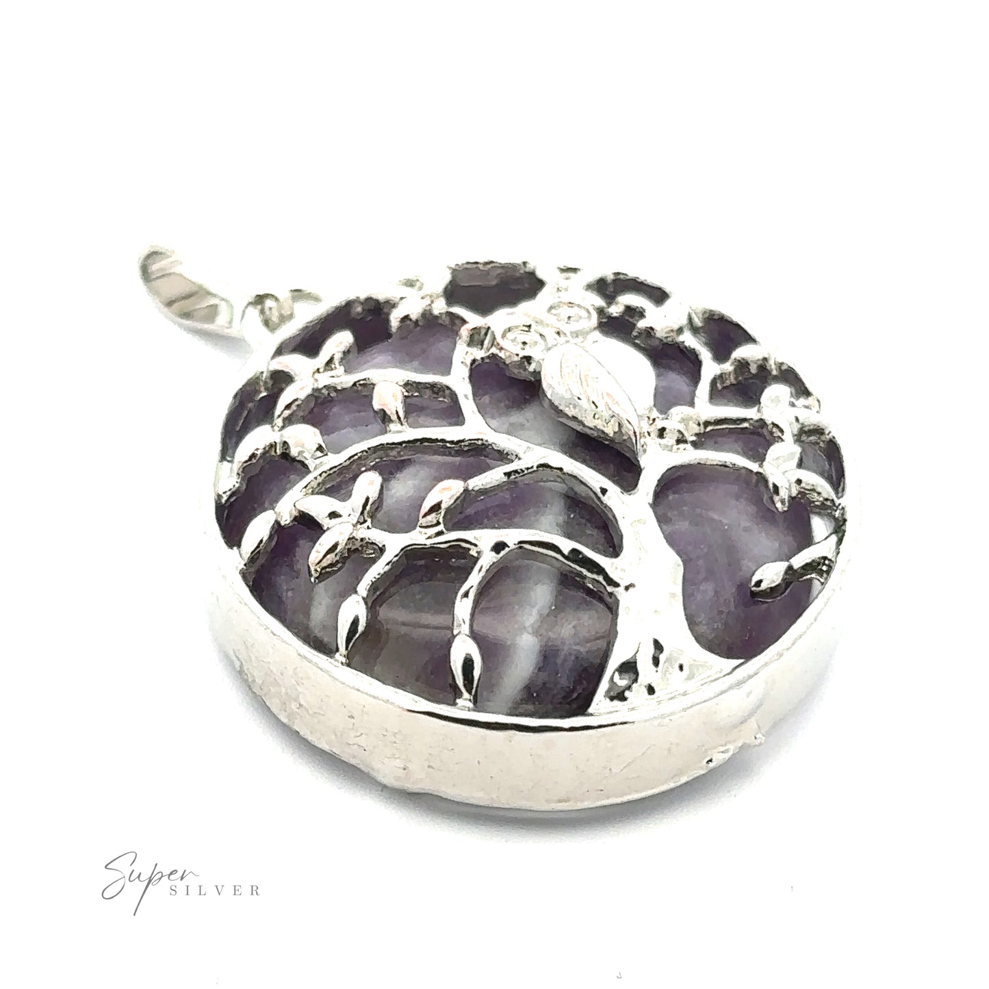 
                  
                    Round silver stone tree pendant with a tree design beautifully etched on top of a translucent Amethyst. The inscription "Super Silver" is elegantly visible on the bottom left. This Owl and Tree Pendant seamlessly blends style and elegance.
                  
                