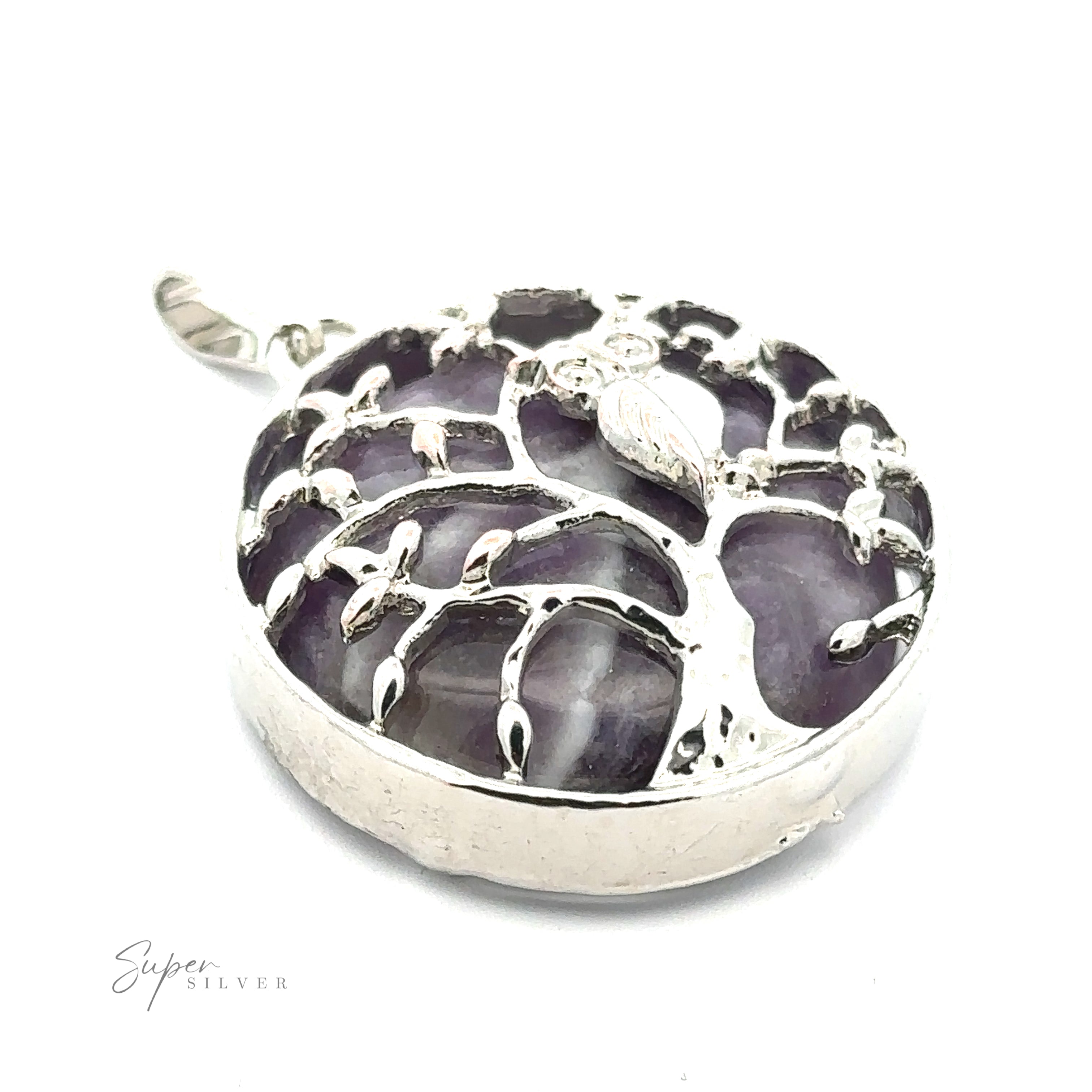 Round silver stone tree pendant with a tree design beautifully etched on top of a translucent Amethyst. The inscription "Super Silver" is elegantly visible on the bottom left. This Owl and Tree Pendant seamlessly blends style and elegance.