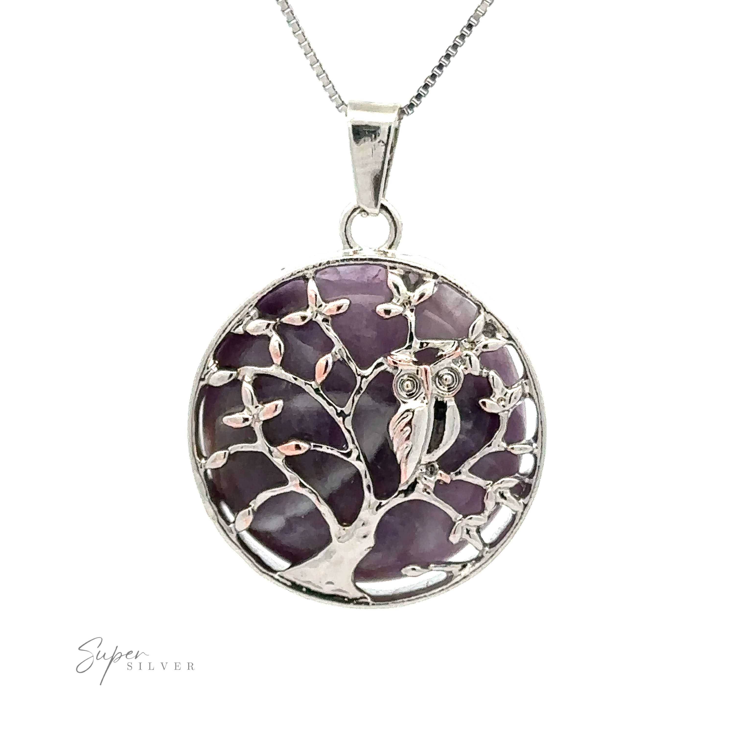 A silver necklace pendant features an owl perched on branches within a round frame, with an Owl and Tree Pendant background. The words "Super Silver" are visible at the bottom left of the image.