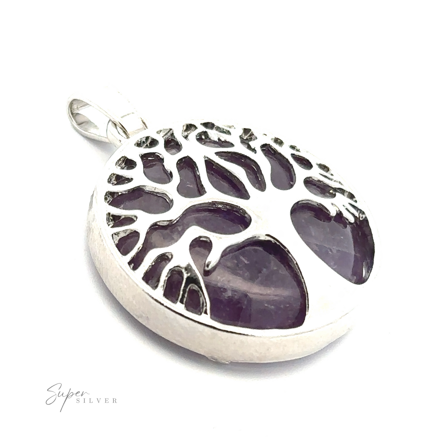 
                  
                    A Tree of Life Pendant featuring a Tree of Life design with purple gemstone insets. The text "Super Silver" is visible at the bottom left.
                  
                