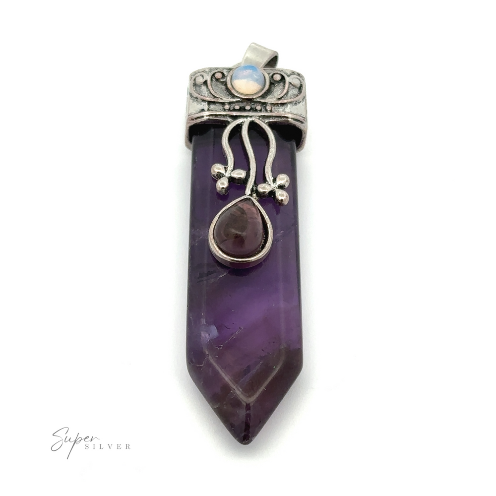 
                  
                    A Obelisk Crystal Stone Pendant with a decorative silver cap featuring an opal bezel and boho crystal stone design elements hangs against a white background.
                  
                