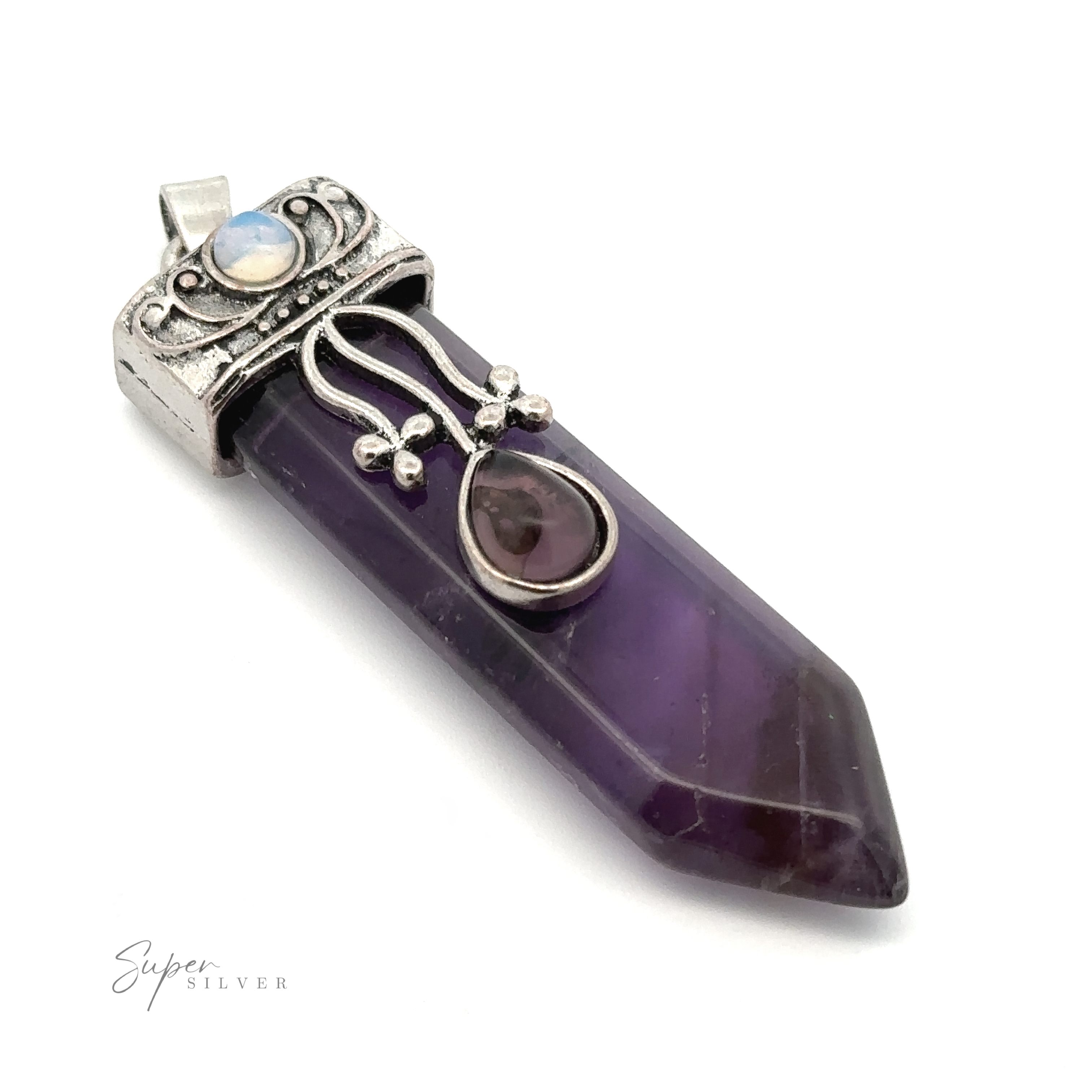 A Obelisk Crystal Stone Pendant with a purple crystal point, adorned with a smaller central amethyst and decorative metalwork, featuring an additional small opalite round stone at the top.