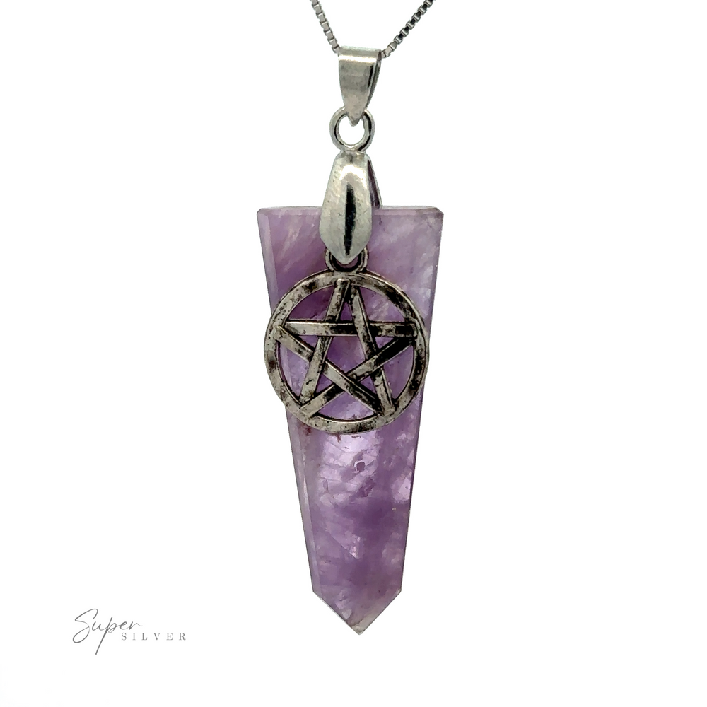
                  
                    A silver necklace features a purple crystal pendant with a pentagram charm in front. The Pentagram Stone Slab Pendant is shaped like a narrow, elongated pyramid.
                  
                