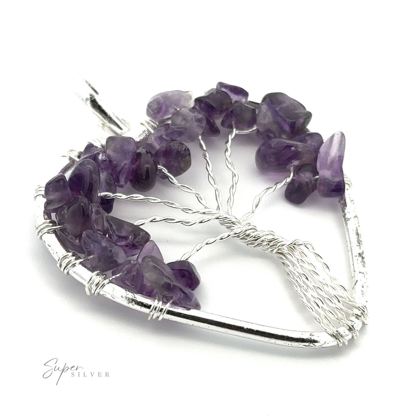 
                  
                    A Heart Shaped Tree of Life Pendant, adorned with small amethyst stones, displayed against a white background. The brand name "Super Silver" is visible in the bottom left corner.
                  
                