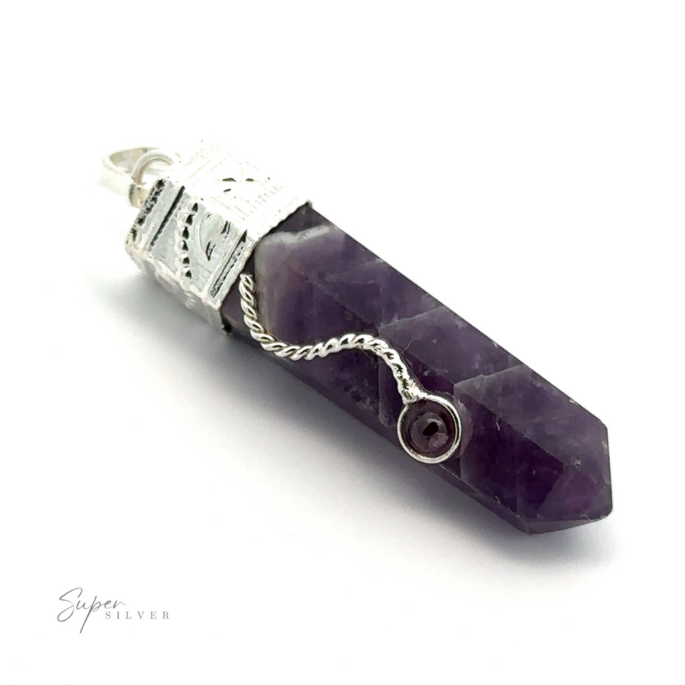 
                  
                    A Crystal Pendant with Decorative Bail, featuring a spiral design with a small round garnet detail at the end.
                  
                