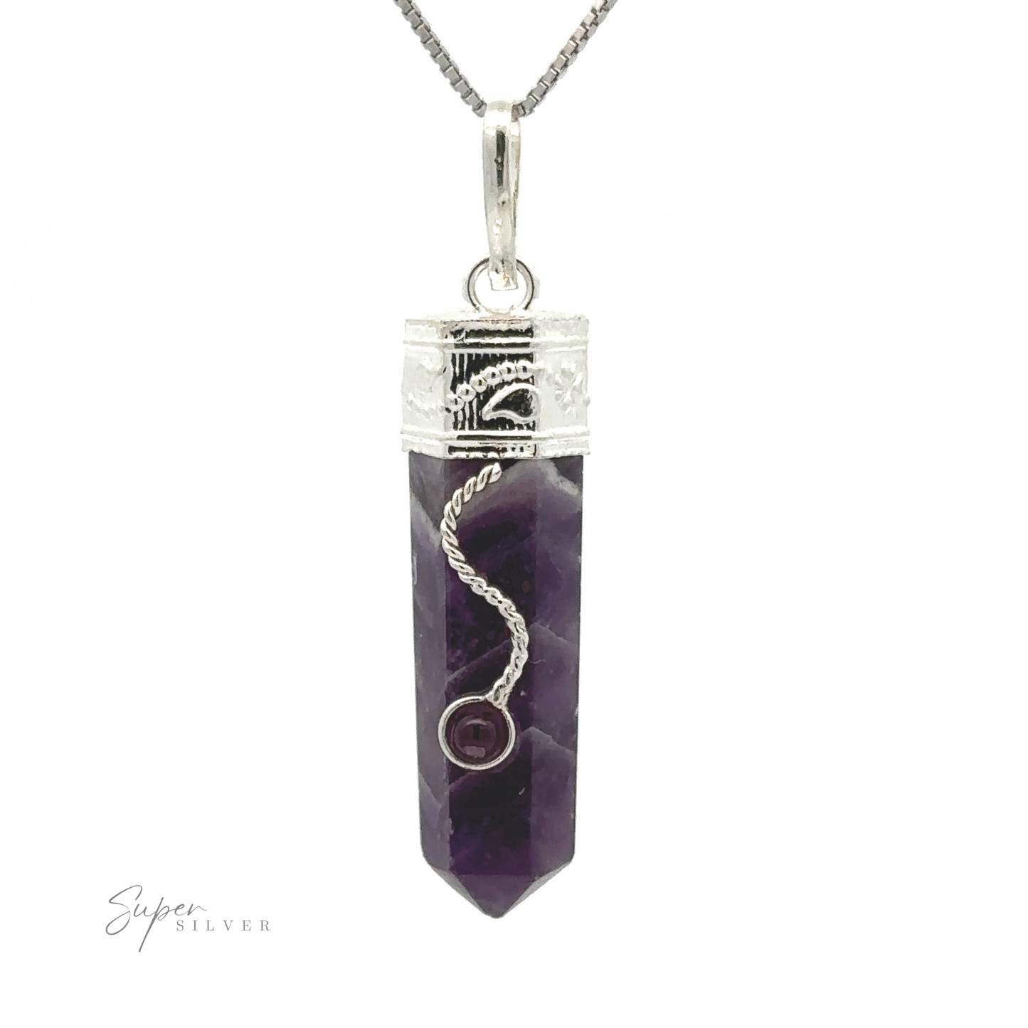 
                  
                    Sure, here is the sentence with the product name replaced:

A Crystal Pendant with Decorative Bail featuring a faceted purple crystal with silver accents and a decorative silver spiral detail, complemented by a delicate garnet detail.
                  
                