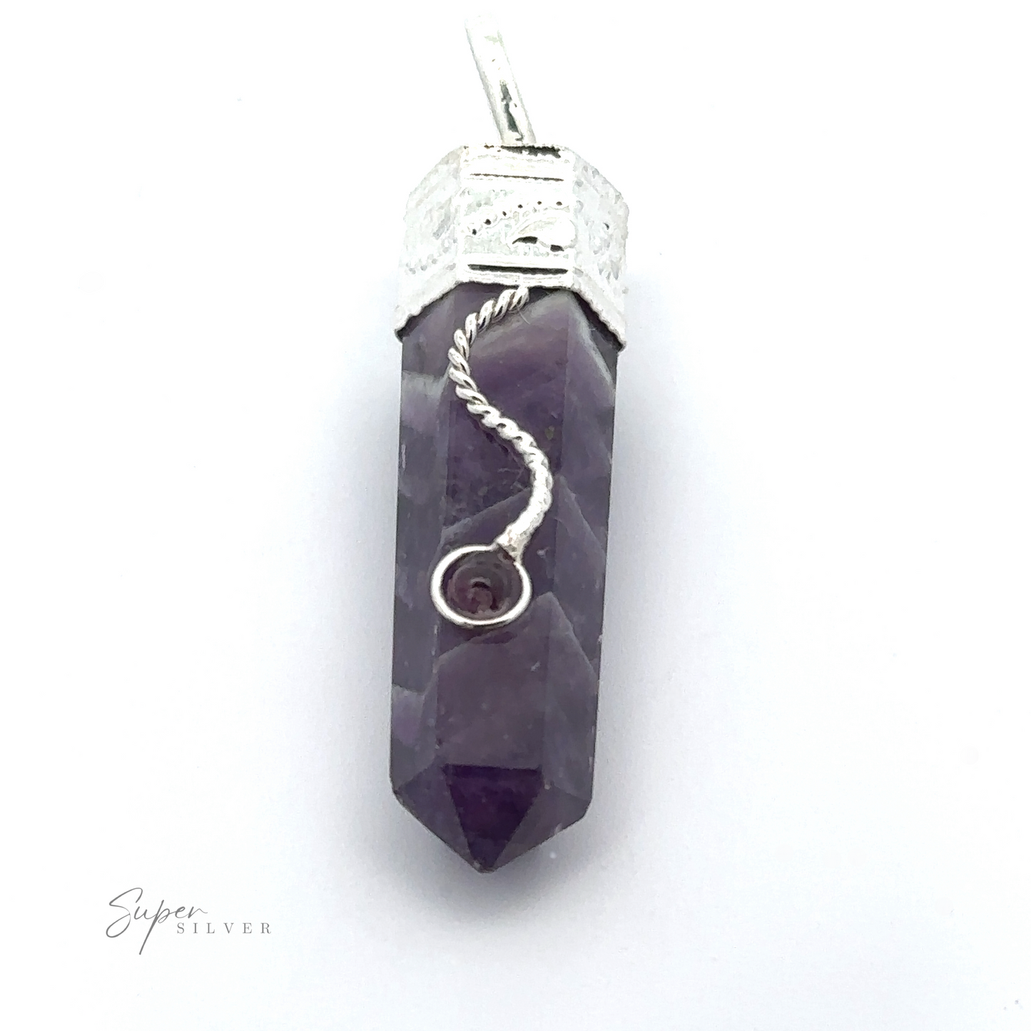 
                  
                    A stunning Crystal Pendant with Decorative Bail set in a silver cap and a twisted silver wire detail. "Super Silver" is written at the bottom left.
                  
                