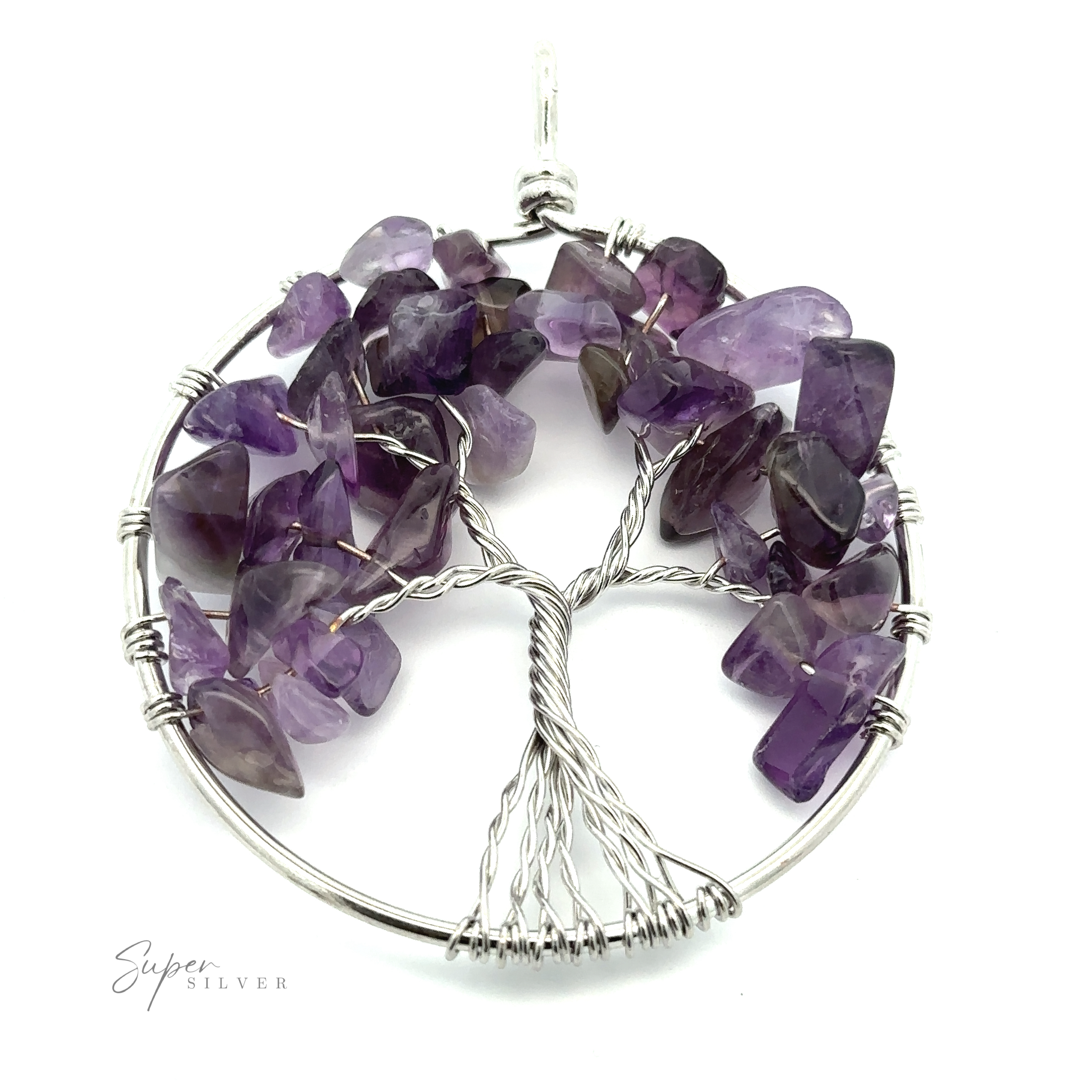 A Wire Wrapped Tree of Life Pendant crafted from a silver wire, adorned with clusters of amethyst gemstones in a circular frame. The brand "Super Silver" is elegantly visible at the bottom left.