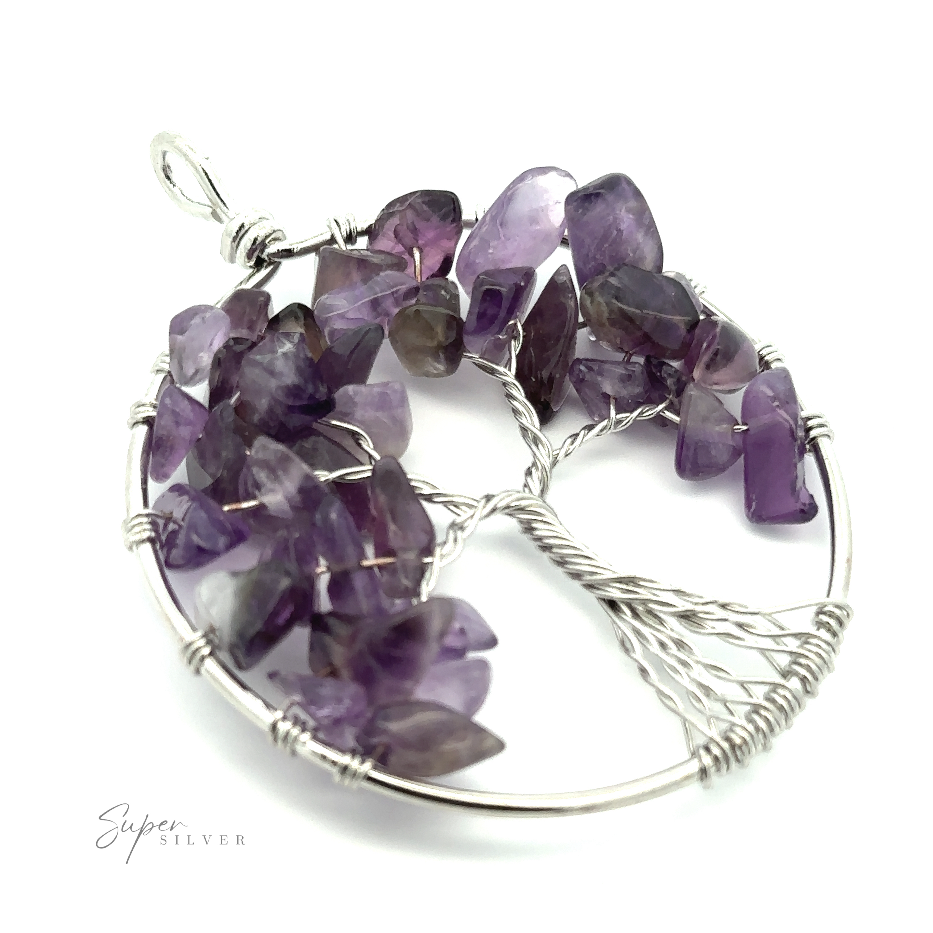 A Wire Wrapped Tree of Life Pendant featuring a wireframe tree design, adorned with purple semi-precious gemstones, likely amethyst, against a white background. The mixed metals add a unique touch to this beautiful piece.