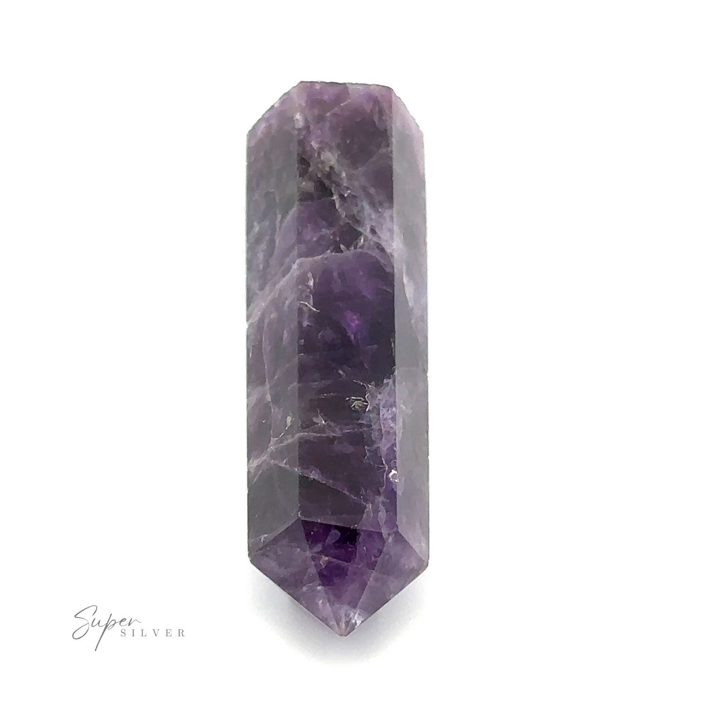 
                  
                    A polished, hexagonal amethyst crystal point with varying shades of purple and white inclusions, resembling a Raw Stone Obelisk Pendant. The logo "Super Silver" is in the bottom left corner.
                  
                