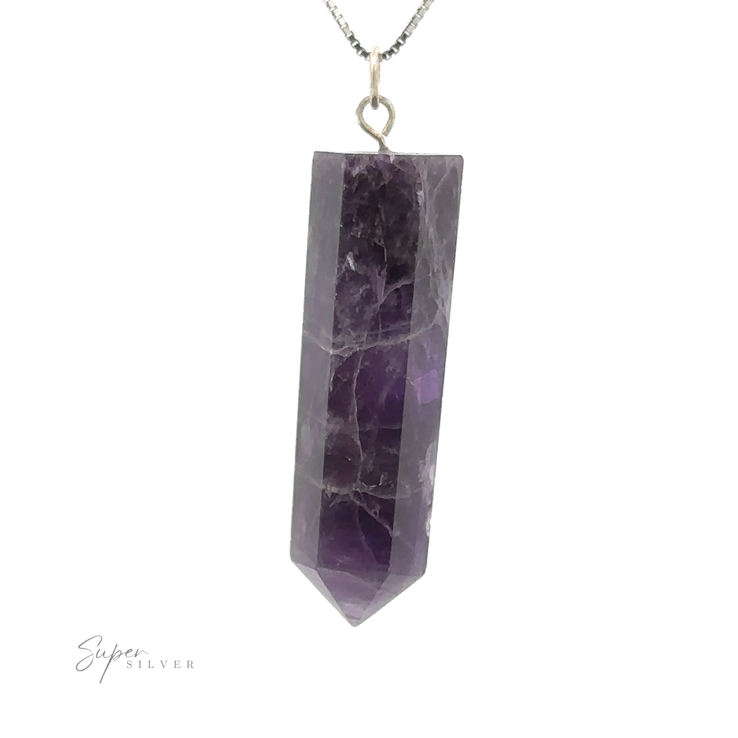 
                  
                    A Raw Stone Obelisk Pendant featuring a polished, hexagonal amethyst crystal suspended from a mixed metals silver chain.
                  
                