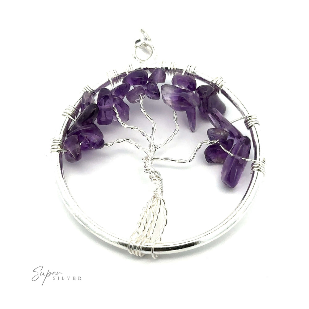
                  
                    A Wire Wrapped Tree of Life Pendant with Stones adorned with purple gemstone chips, forming the tree's leaves.
                  
                