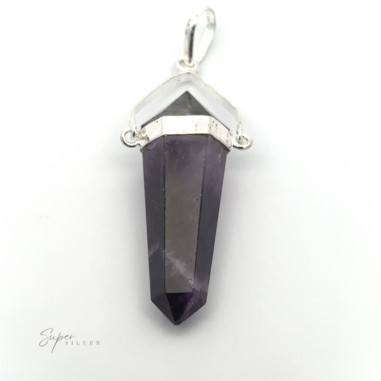 
                  
                    A Raw Stone Swivel Pendant with a pointed amethyst crystal set in a silver-plated setting. The dark purple gemstone's top edge is framed by a silver piece, attached to a bail for a necklace.
                  
                