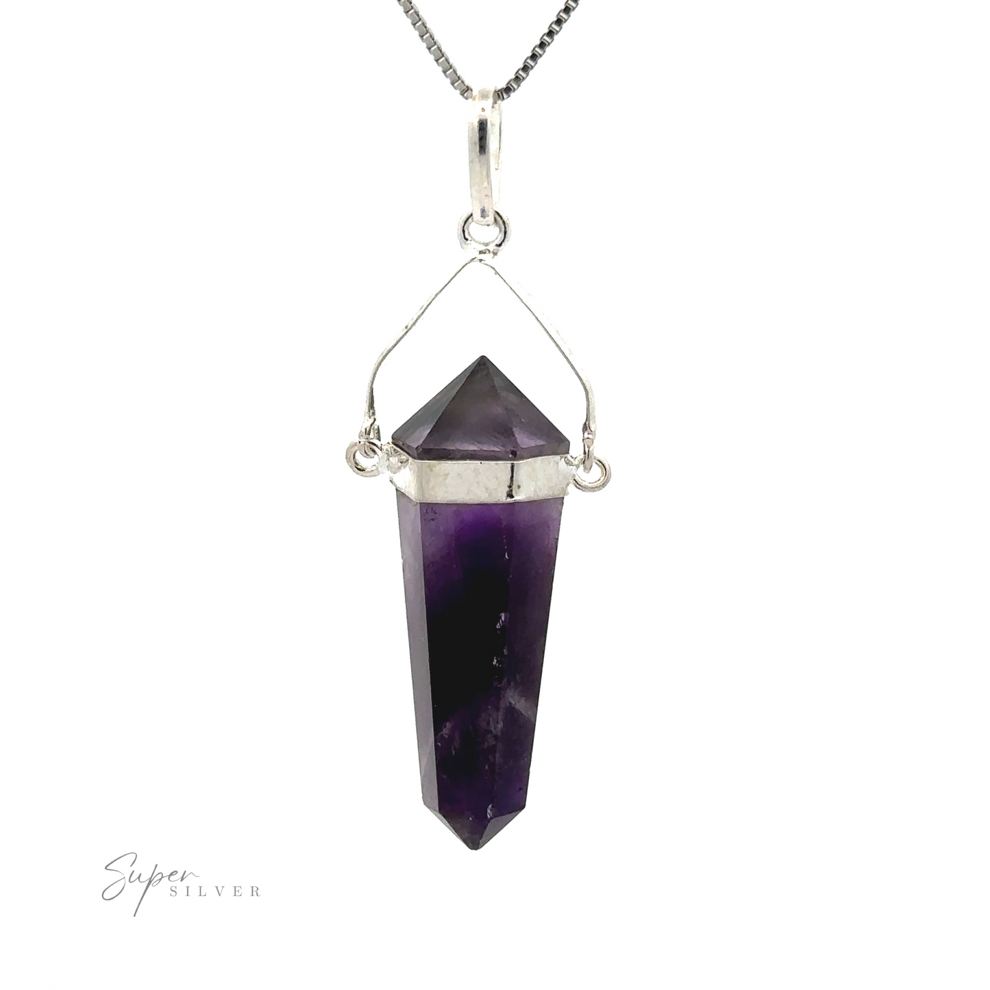 
                  
                    A Raw Stone Swivel Pendant featuring a dark purple crystal with a silver-plated setting hangs from a thin silver chain.
                  
                