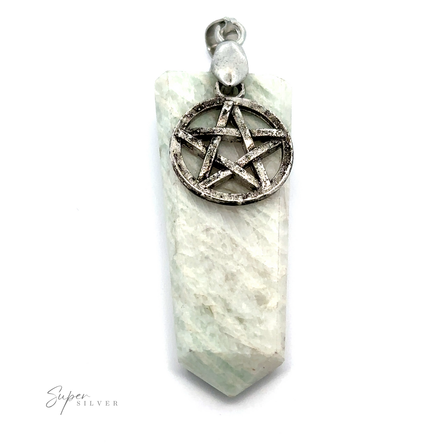 
                  
                    Pentagram Stone Slab Pendant featuring a Pentagram charm attached to a gemstone slab with a chain loop at the top.
                  
                