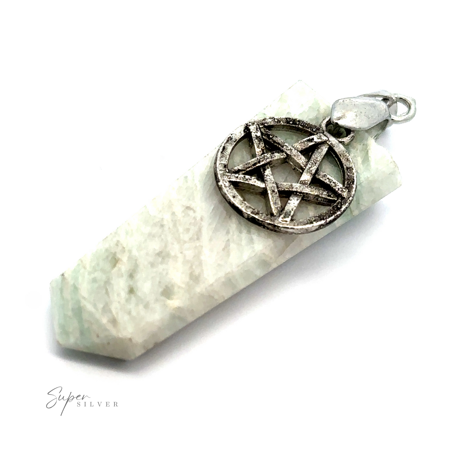 
                  
                    A Pentagram Stone Slab Pendant is attached to a white crystal shard. The "Super Silver" logo is visible in the bottom left corner.
                  
                